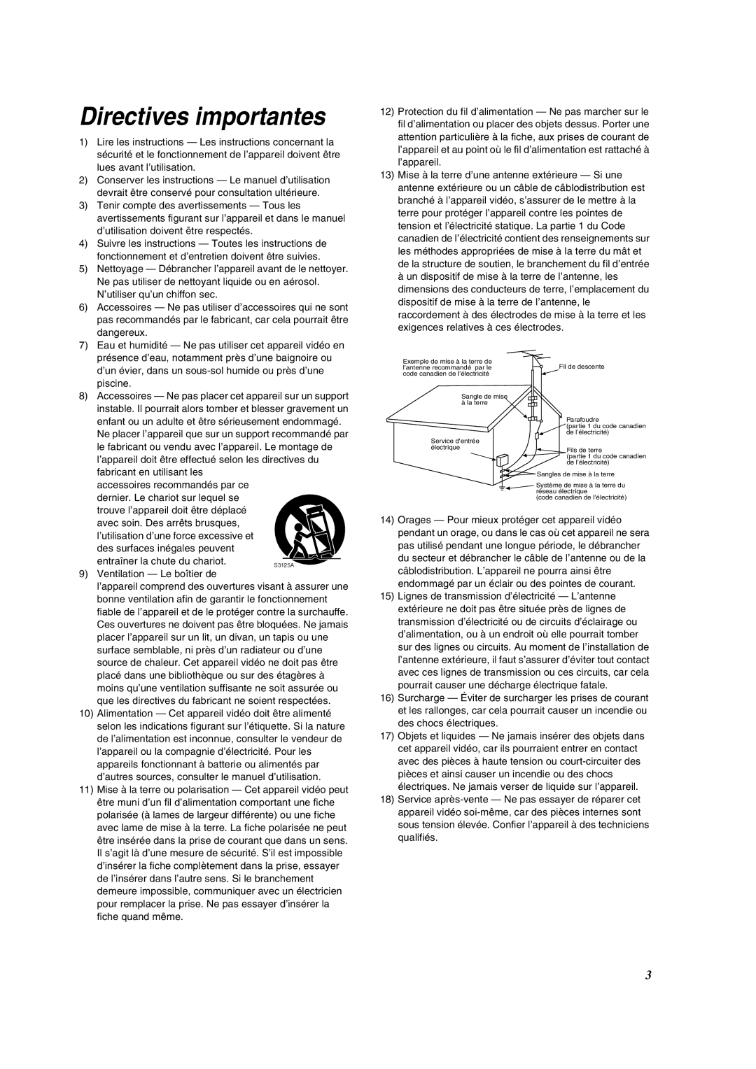 Panasonic PV-DV852 operating instructions Directives importantes, Ventilation Le boîtier de 