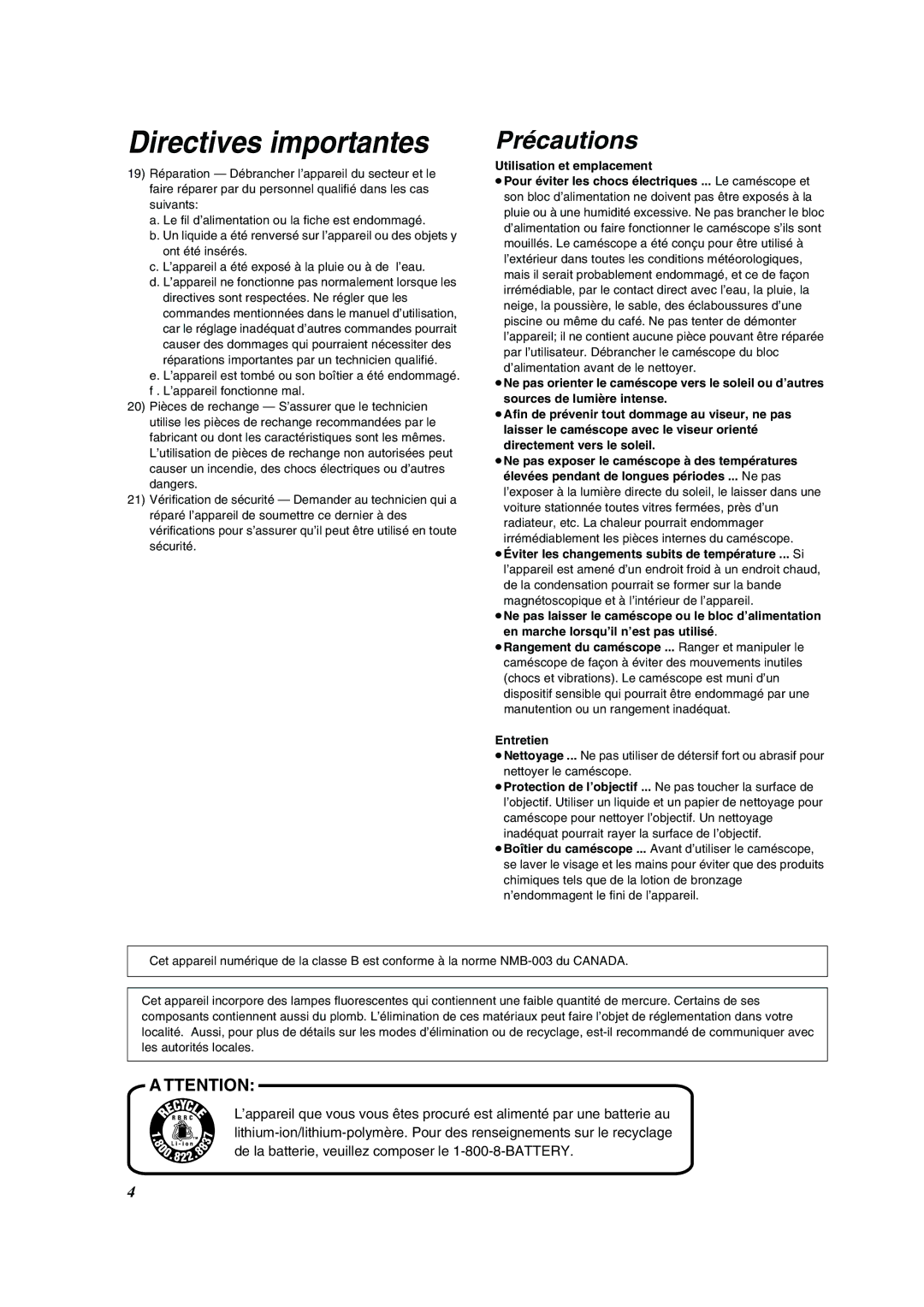 Panasonic PV-DV852 operating instructions Précautions, ≥Éviter les changements subits de température ... Si 