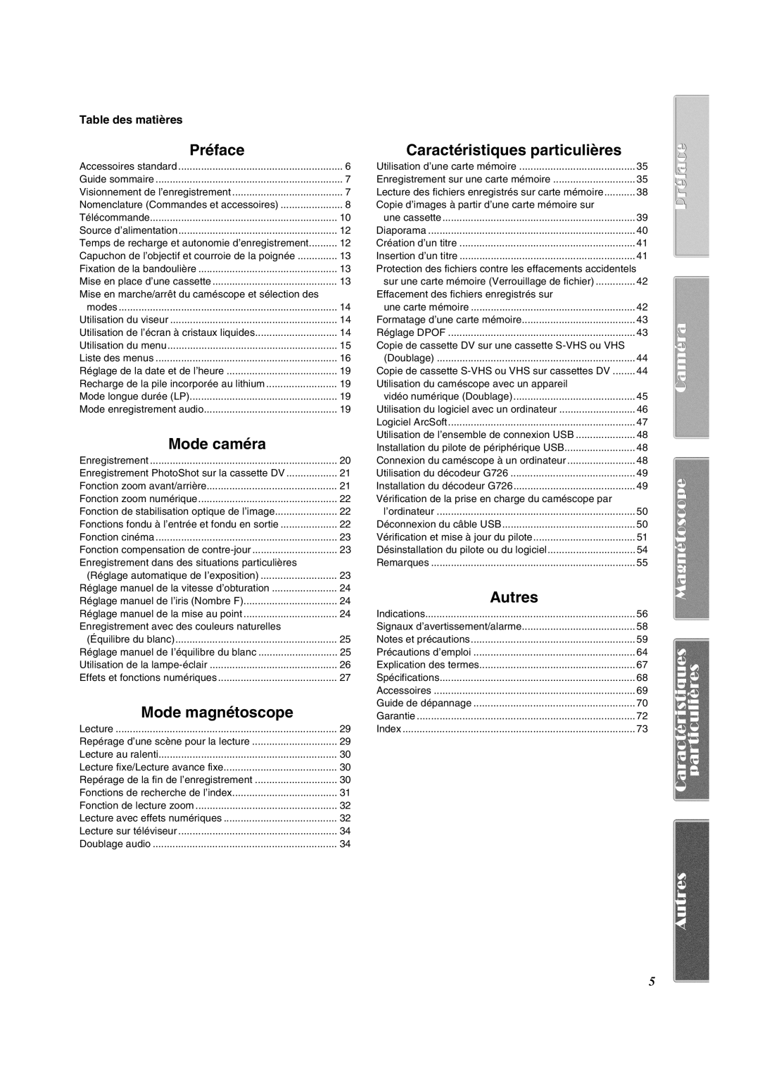 Panasonic PV-DV852 operating instructions Table des matières 