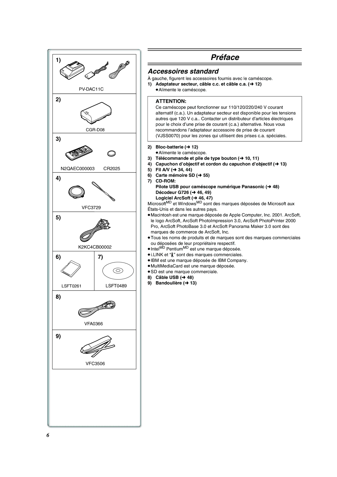 Panasonic PV-DV852 Accessoires standard, Adaptateur secteur, câble c.c. et câble c.a. l12, Bloc-batterie l12 