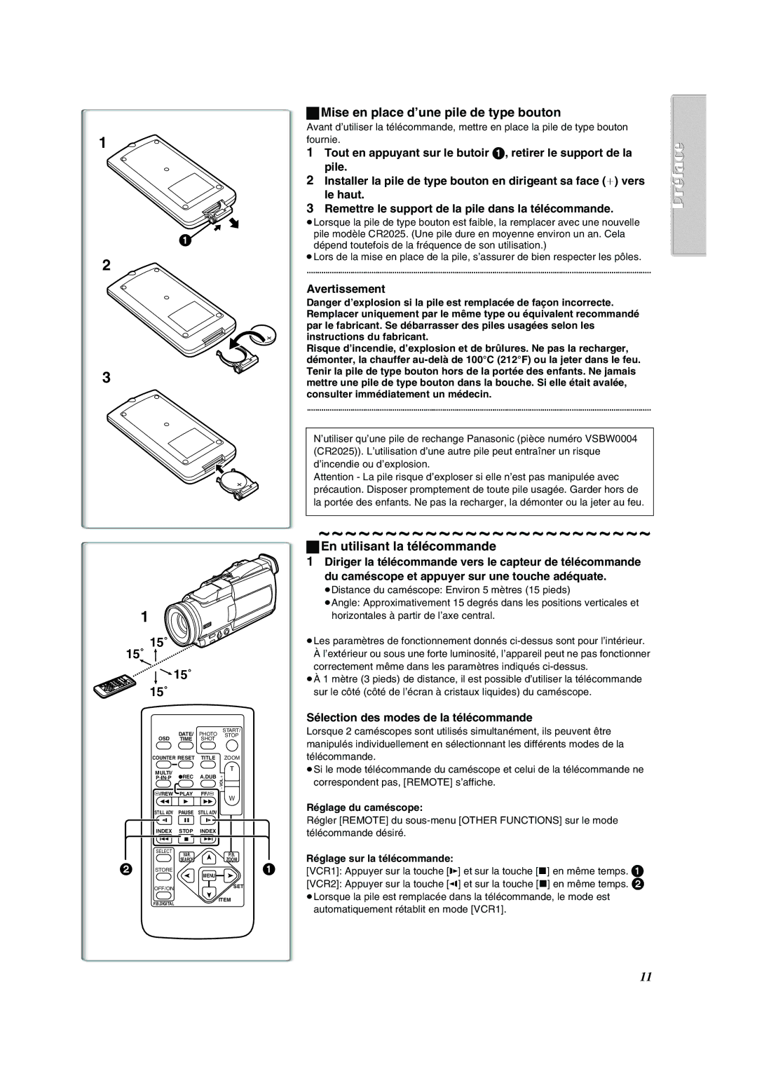 Panasonic PV-DV852 Mise en place d’une pile de type bouton, En utilisant la télécommande, Avertissement 