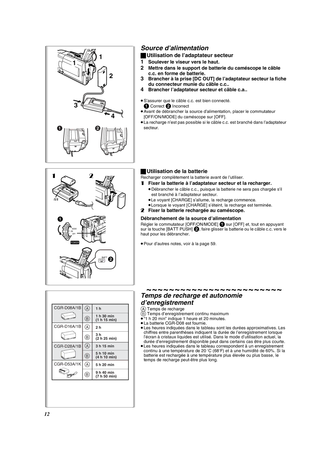 Panasonic PV-DV852 Source d’alimentation, Temps de recharge et autonomie d’enregistrement, Utilisation de la batterie 