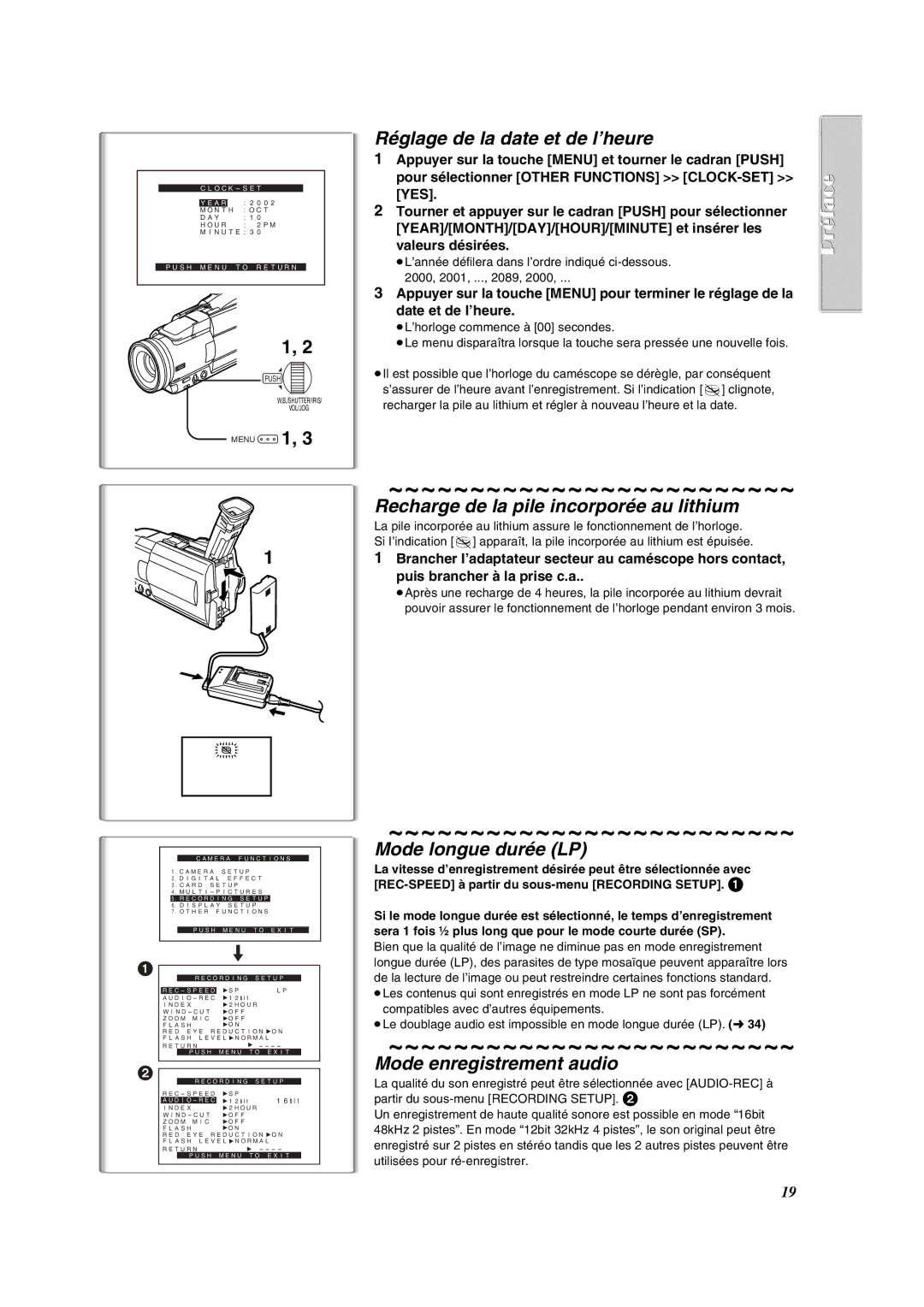 Panasonic PV-DV852 Réglage de la date et de l’heure, Recharge de la pile incorporée au lithium, Mode longue durée LP 