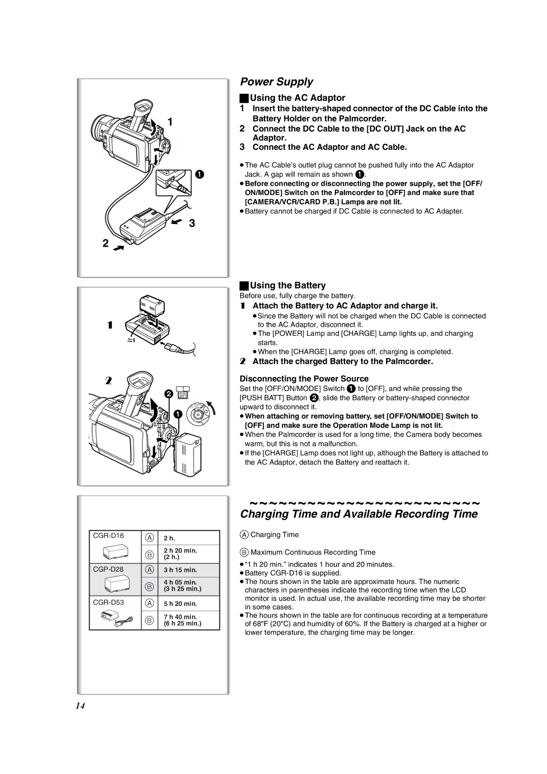 Panasonic PV-DV953 Power Supply, Charging Time and Available Recording Time, Using the AC Adaptor, Using the Battery 