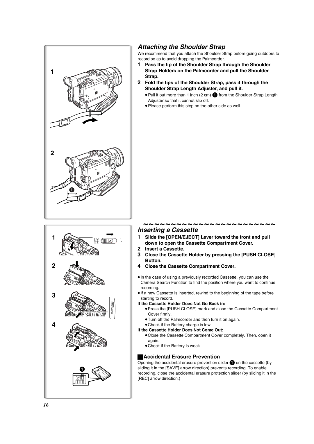 Panasonic PV-DV953 operating instructions Attaching the Shoulder Strap, Inserting a Cassette, Accidental Erasure Prevention 