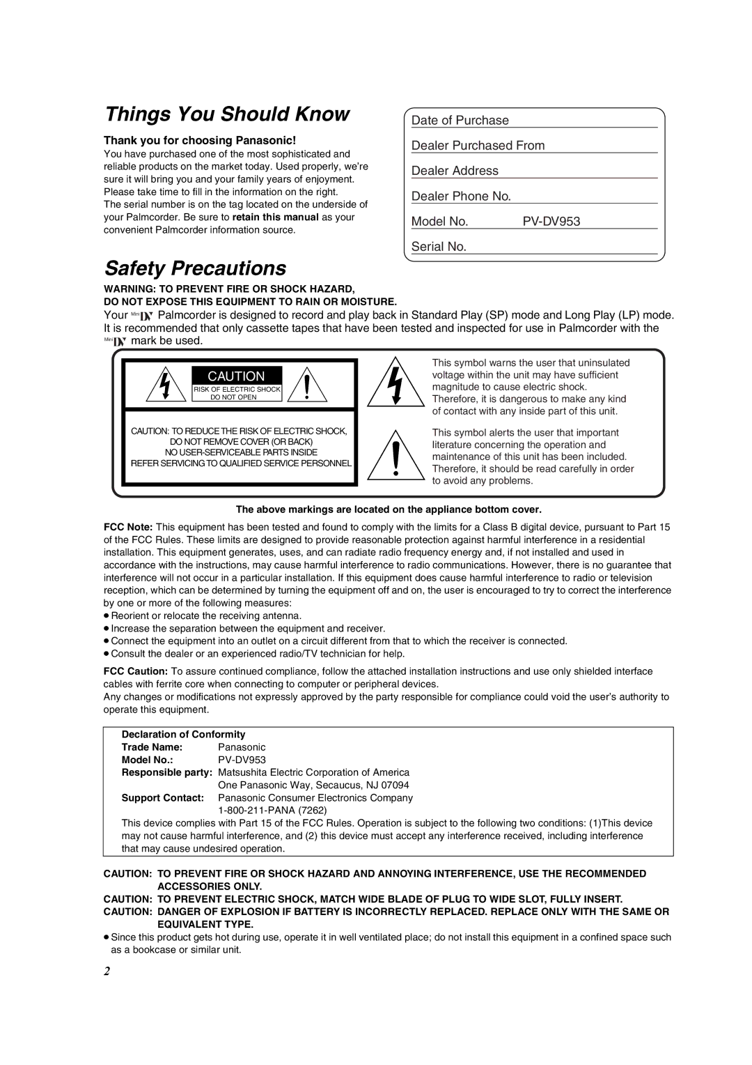 Panasonic PV-DV953 Thank you for choosing Panasonic, Above markings are located on the appliance bottom cover 