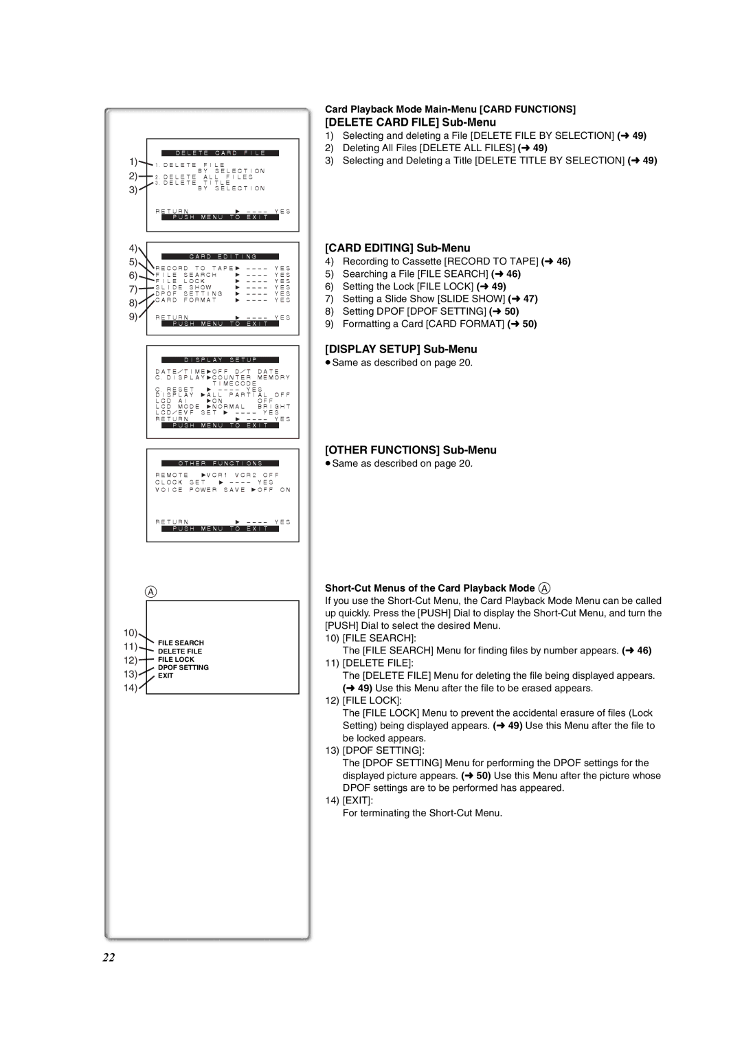 Panasonic PV-DV953 Delete Card File Sub-Menu, Card Editing Sub-Menu, Card Playback Mode Main-Menu Card Functions 