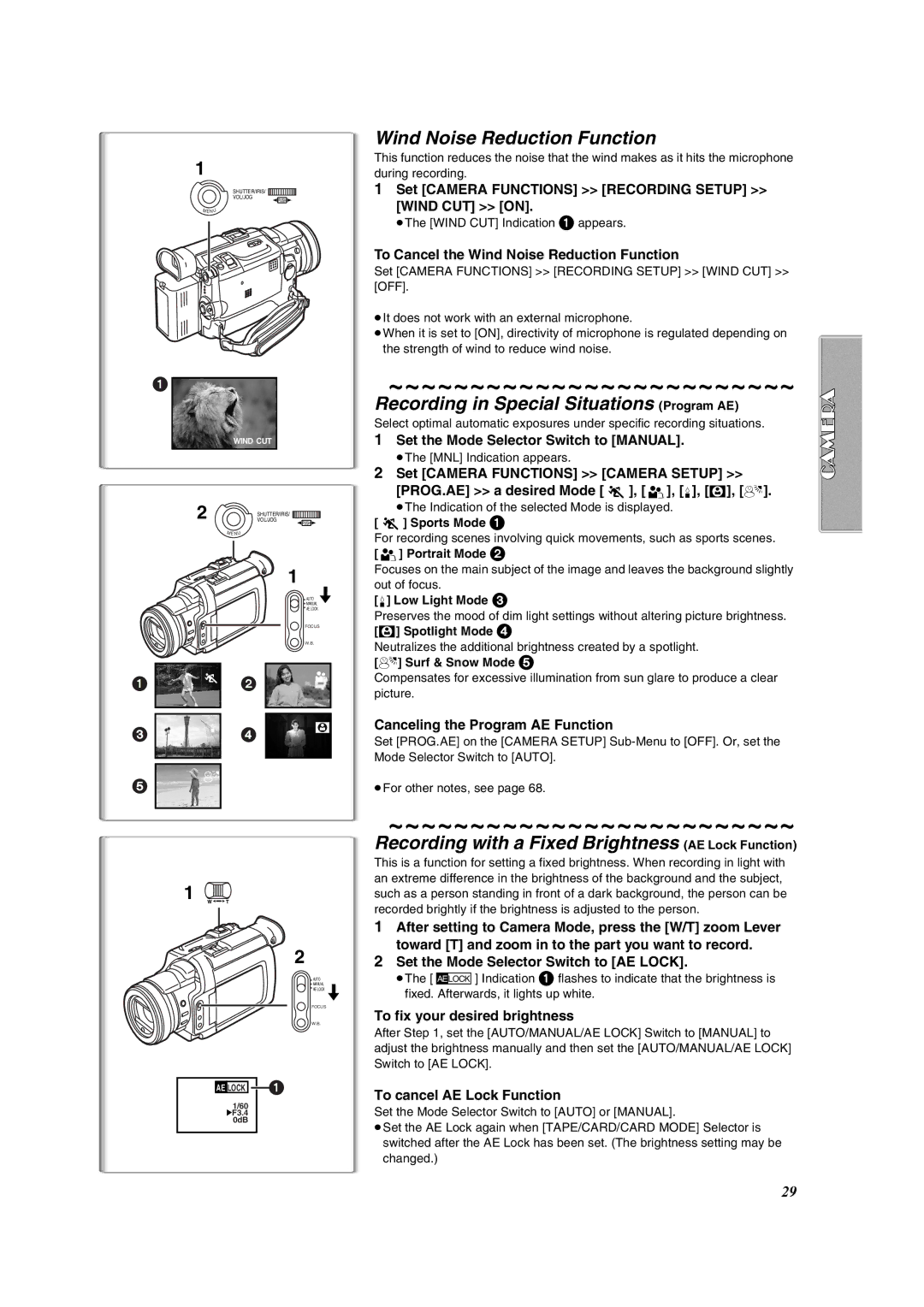 Panasonic PV-DV953 operating instructions Wind Noise Reduction Function, Recording in Special Situations Program AE 