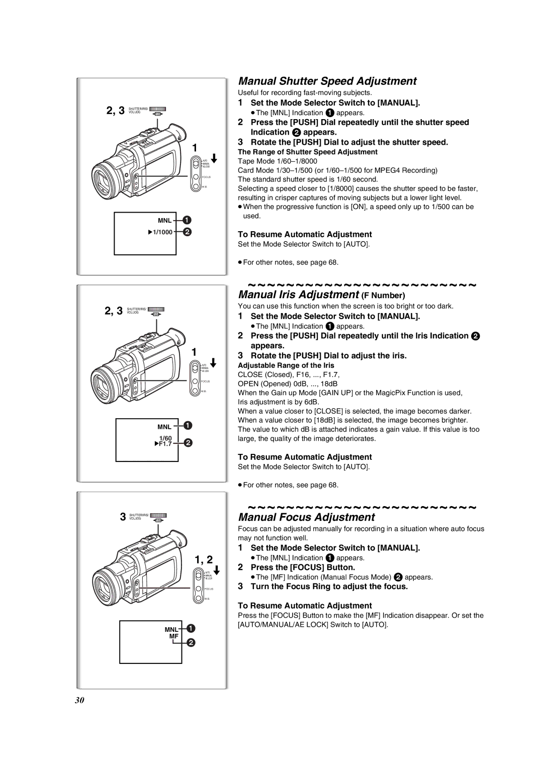 Panasonic PV-DV953 Manual Shutter Speed Adjustment, Manual Iris Adjustment F Number, Manual Focus Adjustment 