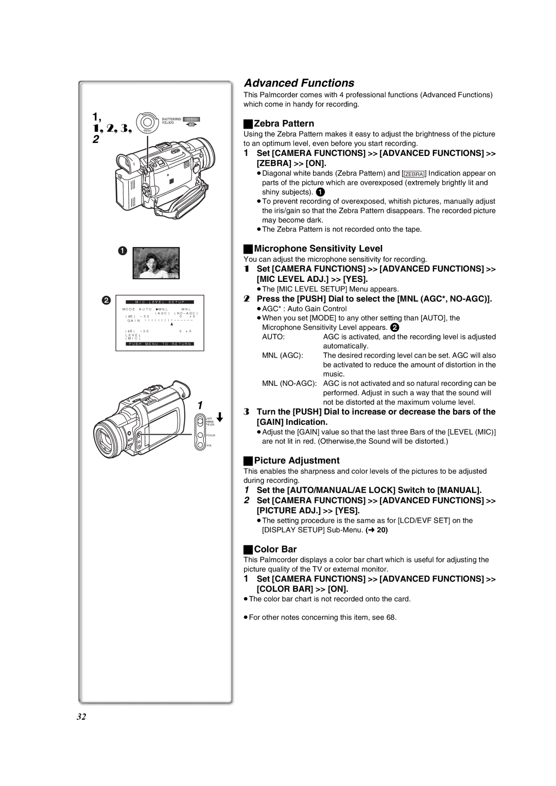 Panasonic PV-DV953 Advanced Functions, Zebra Pattern, Microphone Sensitivity Level, Picture Adjustment, Color Bar 