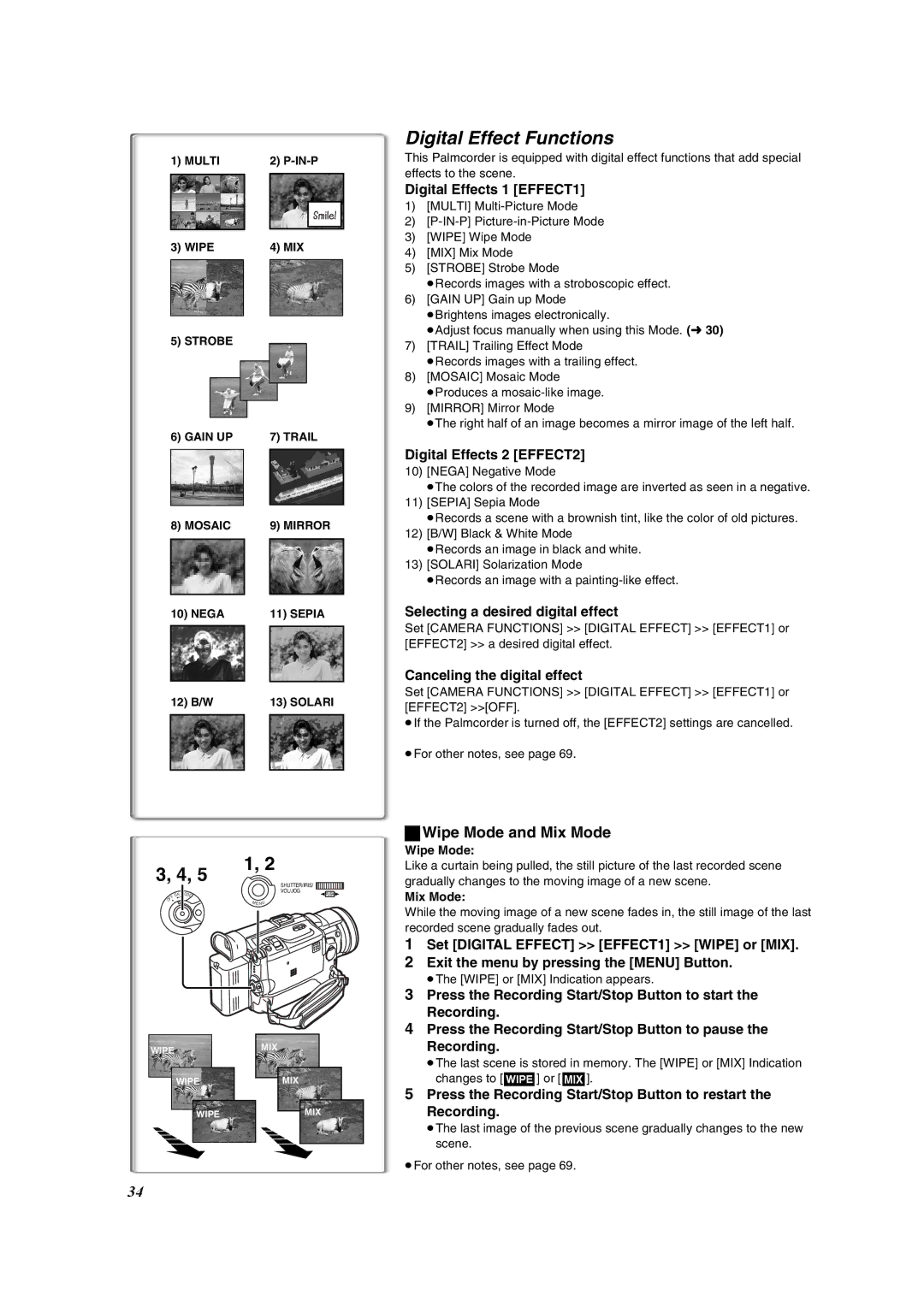 Panasonic PV-DV953 operating instructions Digital Effect Functions, Wipe Mode and Mix Mode 