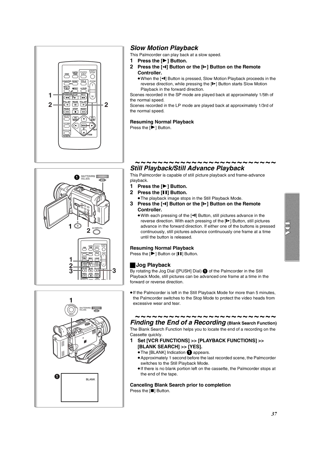 Panasonic PV-DV953 operating instructions Slow Motion Playback, Still Playback/Still Advance Playback, Jog Playback 