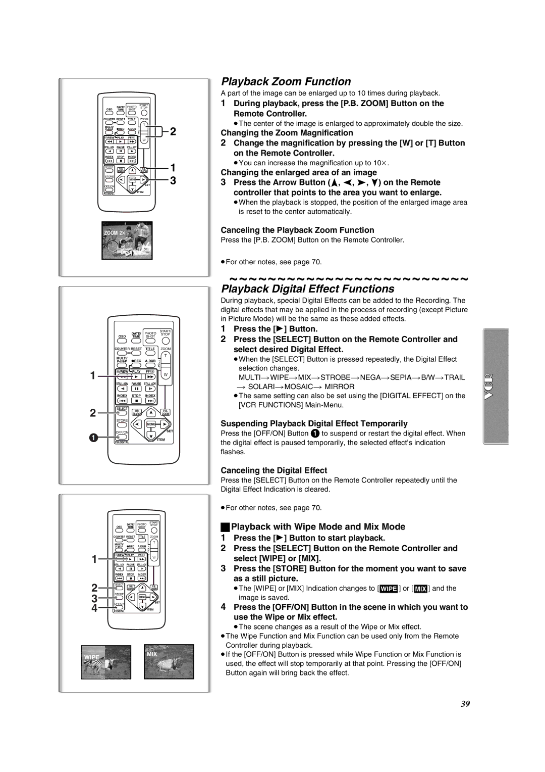 Panasonic PV-DV953 operating instructions Playback Digital Effect Functions, Canceling the Playback Zoom Function 