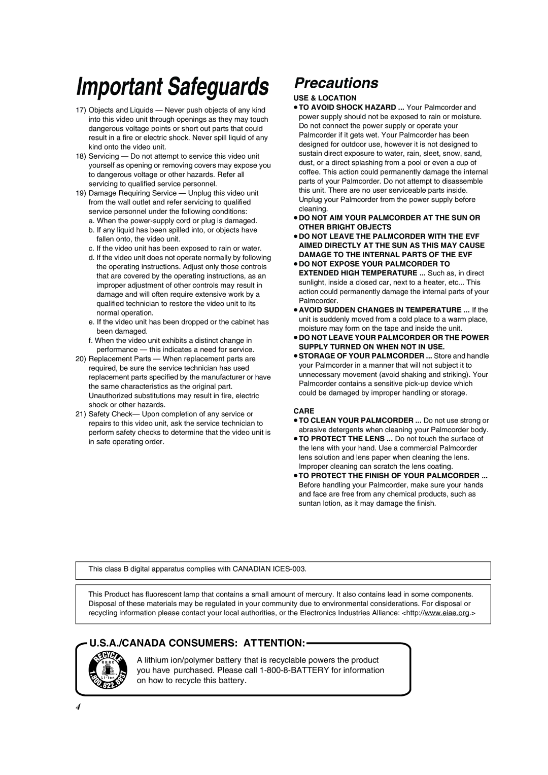 Panasonic PV-DV953 operating instructions Precautions 