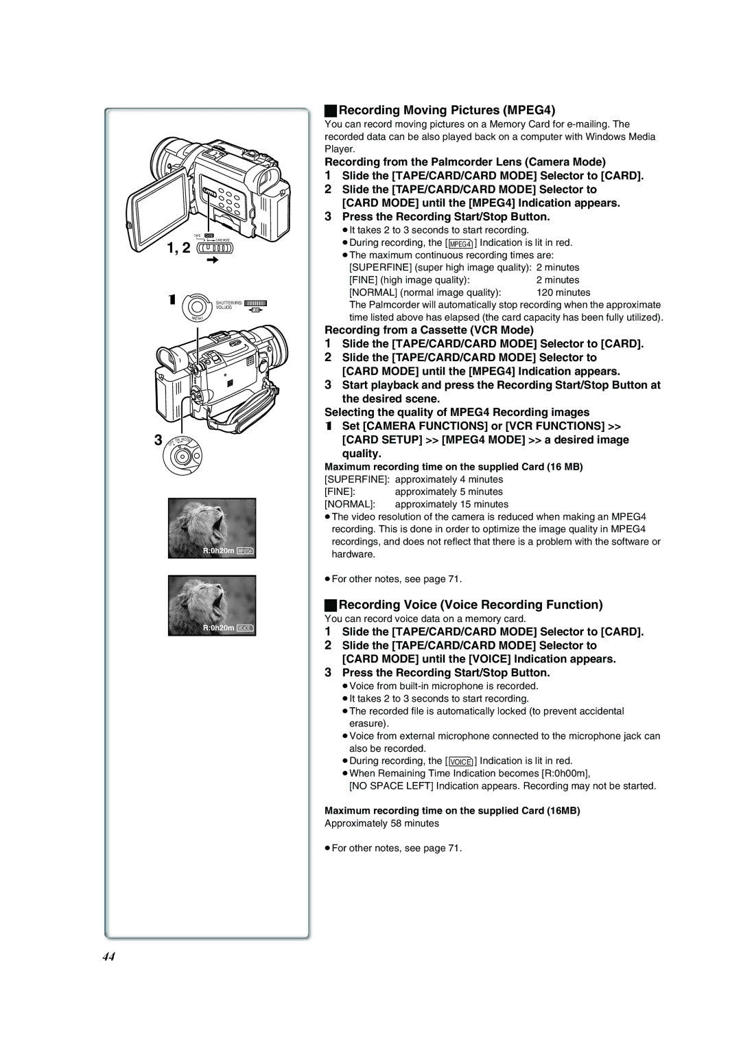 Panasonic PV-DV953 operating instructions Recording Moving Pictures MPEG4, Recording Voice Voice Recording Function 