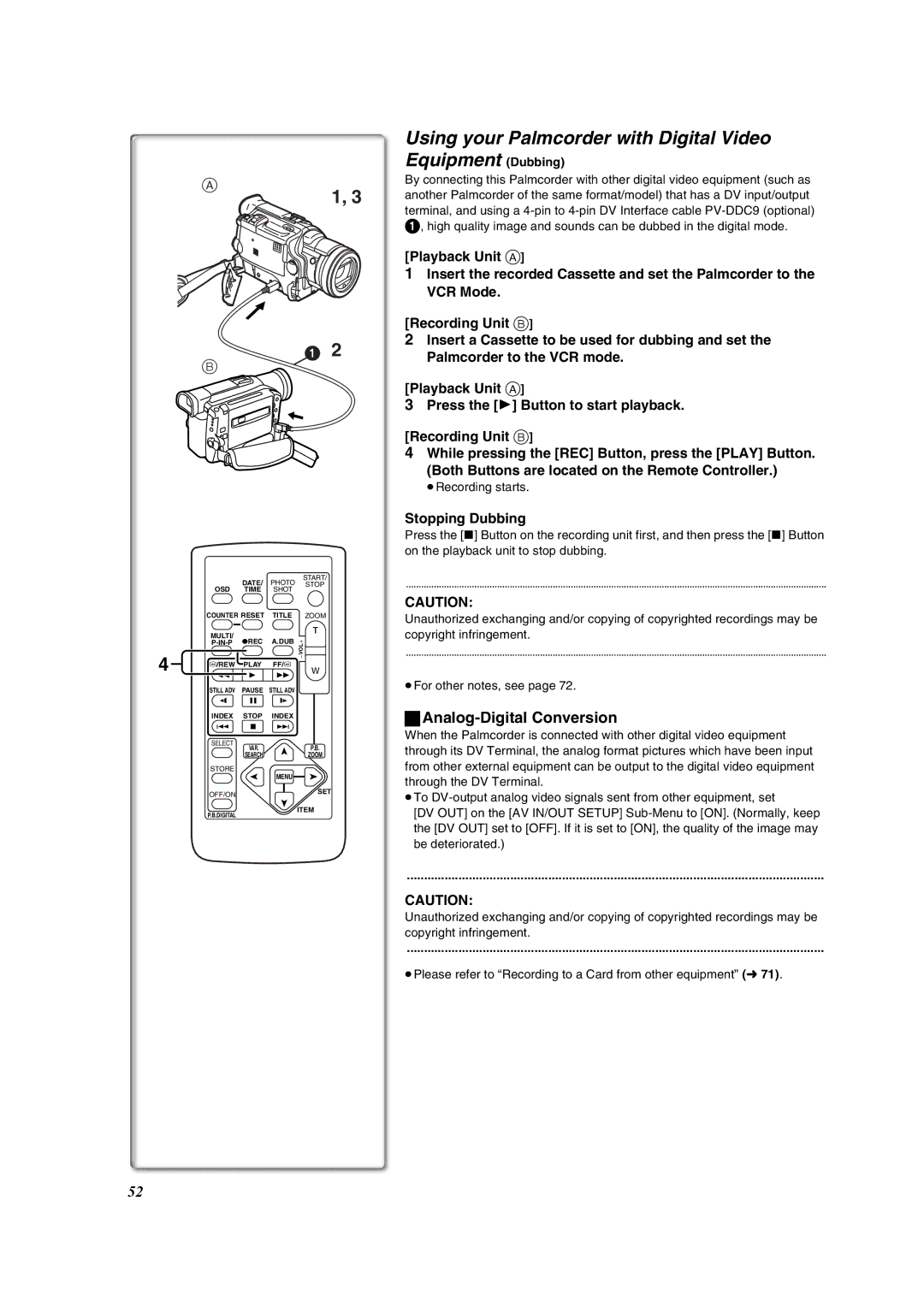 Panasonic PV-DV953 Using your Palmcorder with Digital Video Equipment Dubbing, Analog-Digital Conversion, Stopping Dubbing 