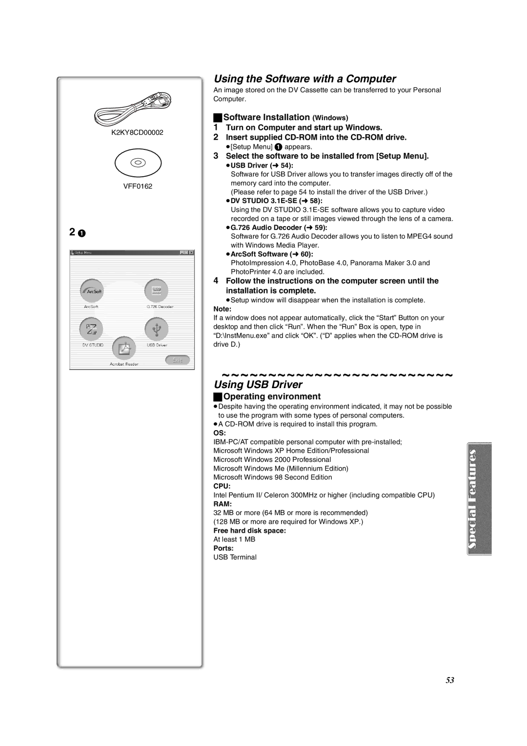 Panasonic PV-DV953 Using the Software with a Computer, Using USB Driver, Software Installation Windows 