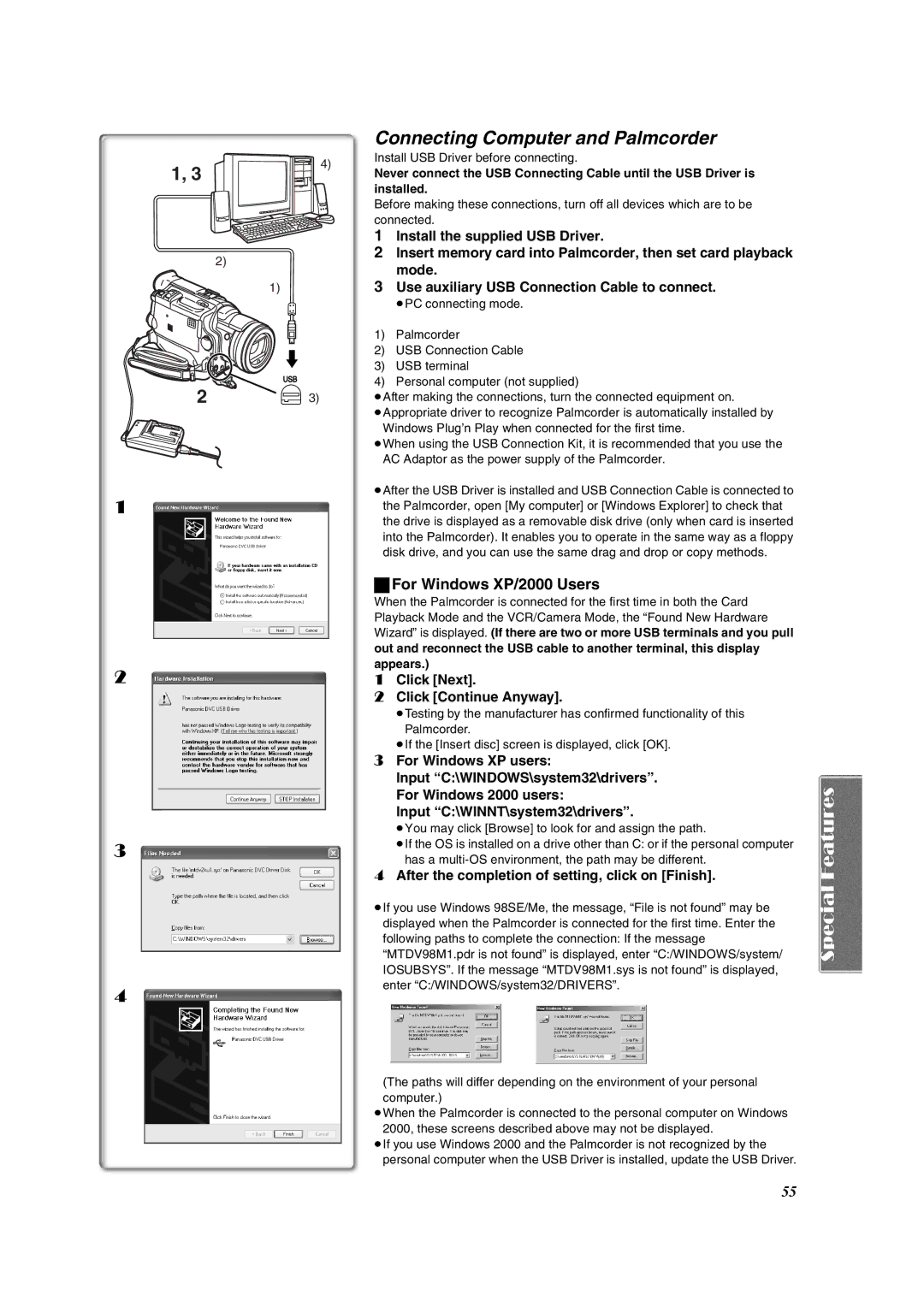 Panasonic PV-DV953 Connecting Computer and Palmcorder, For Windows XP/2000 Users, Click Next Click Continue Anyway 