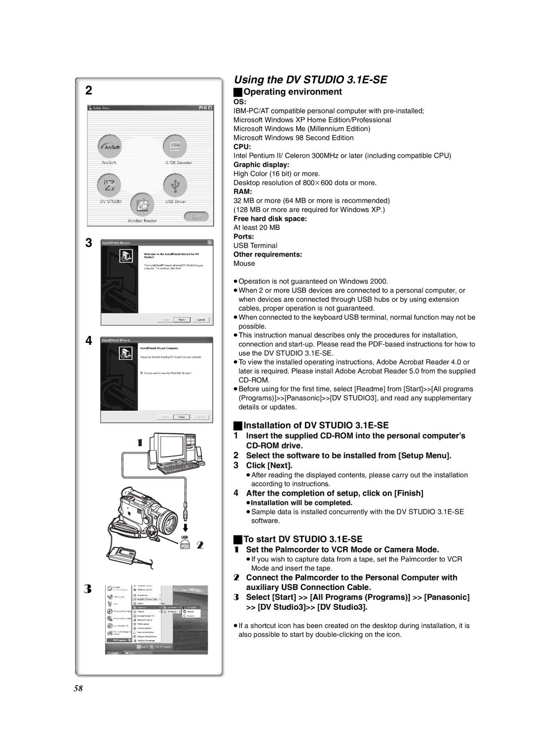 Panasonic PV-DV953 Using the DV Studio 3.1E-SE, Installation of DV Studio 3.1E-SE, ªTo start DV Studio 3.1E-SE 