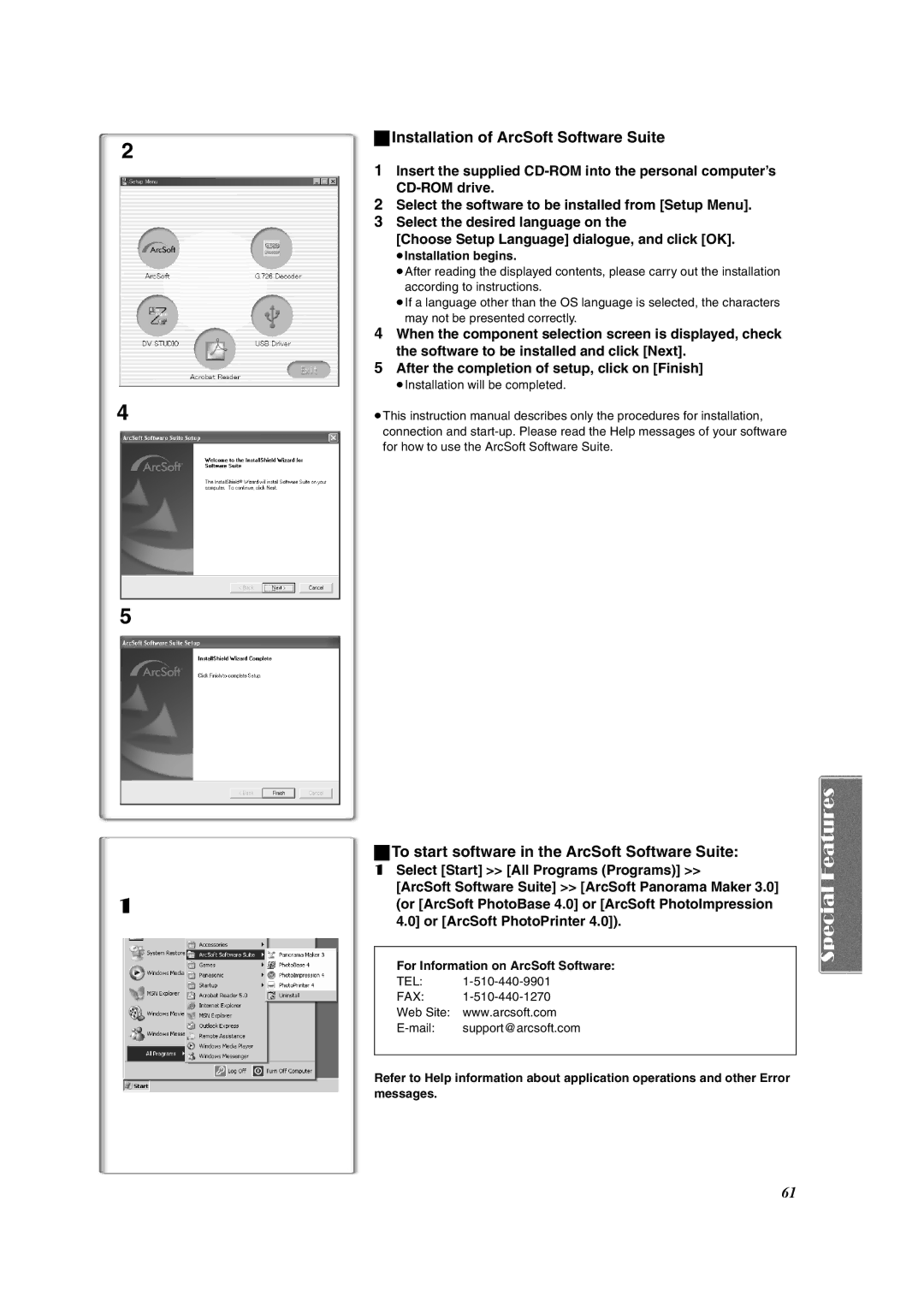 Panasonic PV-DV953 Installation of ArcSoft Software Suite, To start software in the ArcSoft Software Suite 