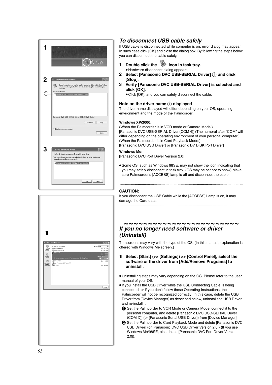 Panasonic PV-DV953 To disconnect USB cable safely, If you no longer need software or driver Uninstall, Windows XP/2000 