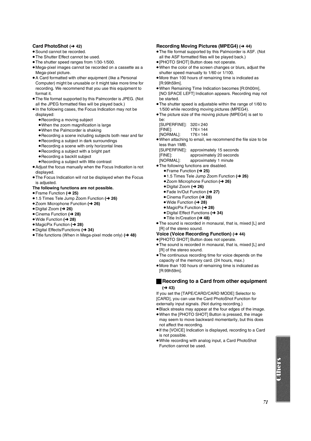 Panasonic PV-DV953 Recording to a Card from other equipment, Card PhotoShot l42, Recording Moving Pictures MPEG4 l44 