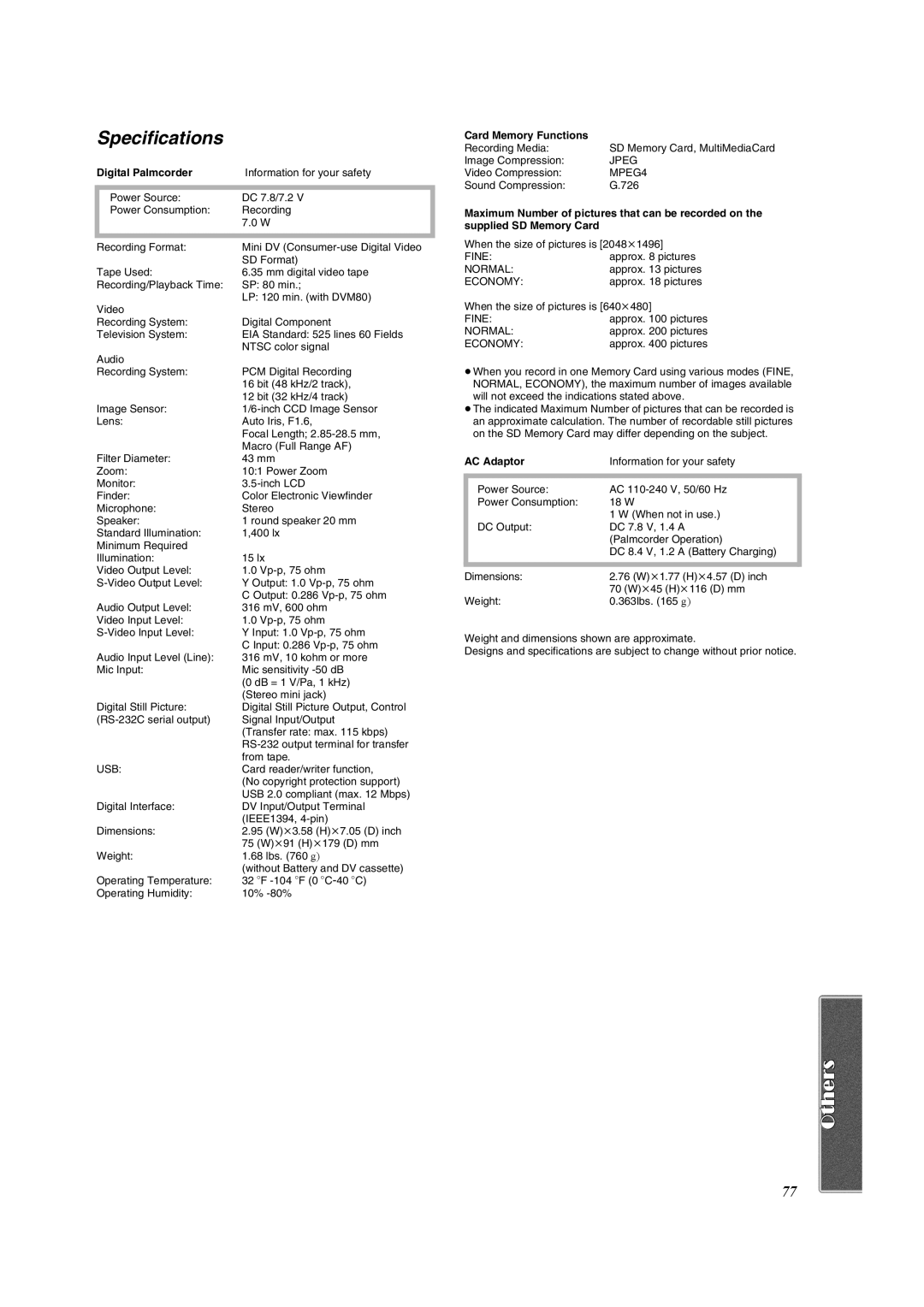 Panasonic PV-DV953 operating instructions Specifications, Digital Palmcorder 