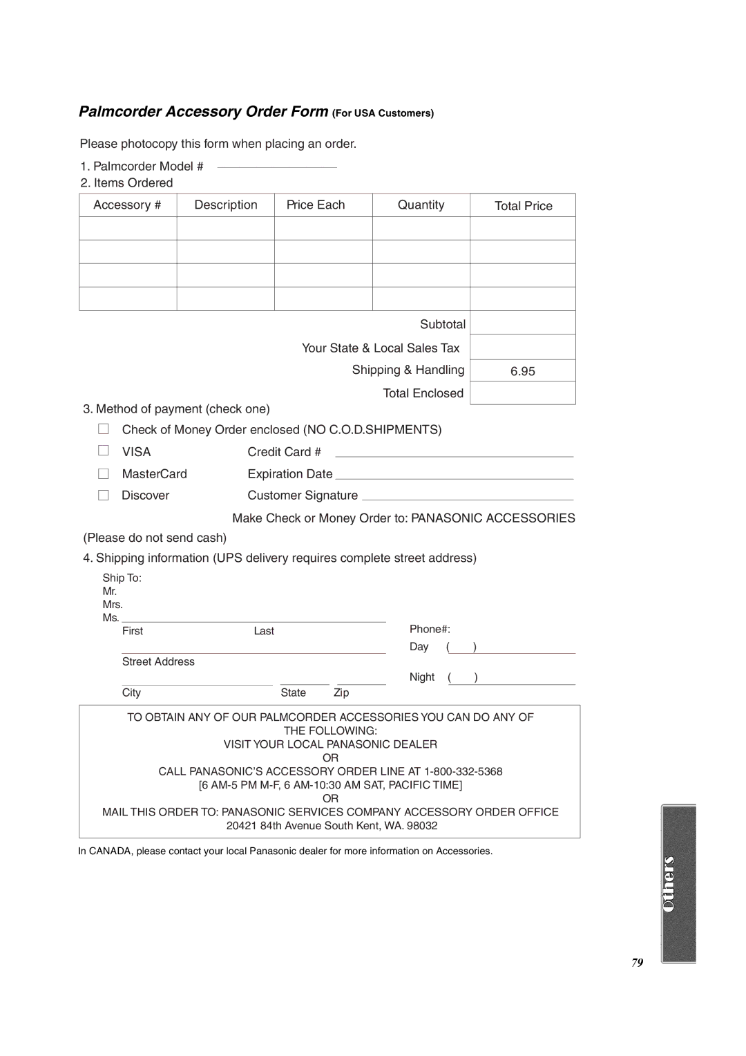 Panasonic PV-DV953 operating instructions Palmcorder Accessory Order Form For USA Customers, Visa 