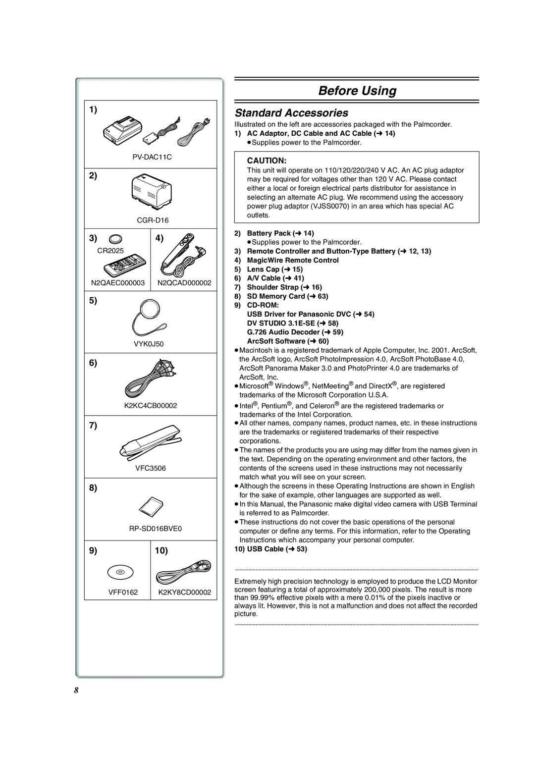 Panasonic PV-DV953 Standard Accessories, AC Adaptor, DC Cable and AC Cable l14, Battery Pack l14, USB Cable l53 