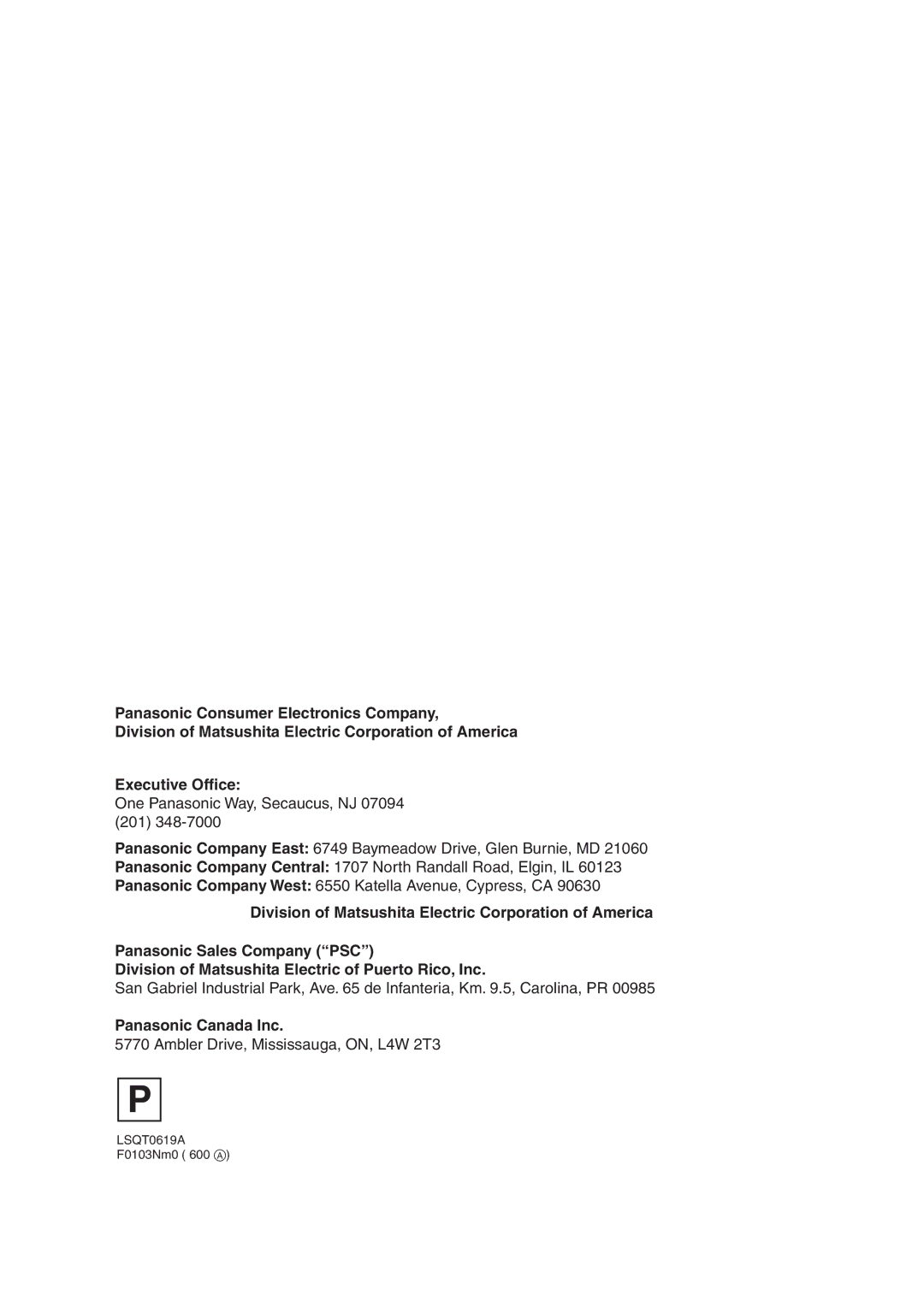 Panasonic PV-DV953 operating instructions Panasonic Canada Inc, LSQT0619A F0103Nm0 600 a 