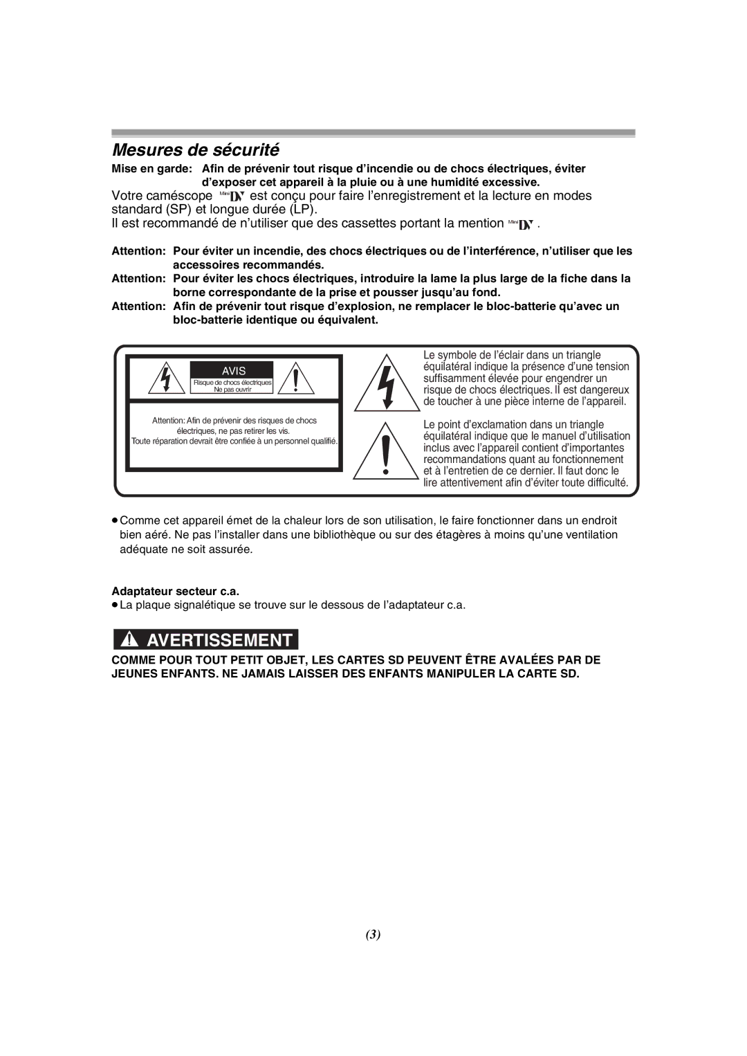 Panasonic PV-GS120 operating instructions Mesures de sécurité, Adaptateur secteur c.a 