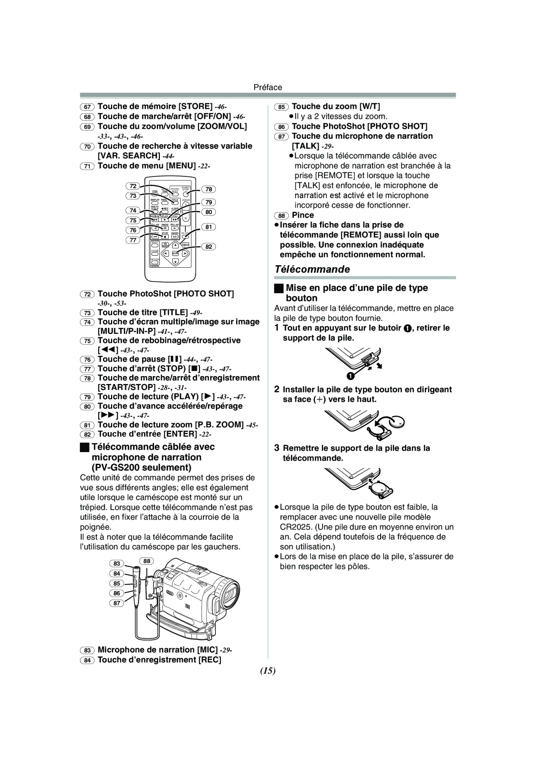 Panasonic PV-GS120 Mise en place d’une pile de type Bouton, Touche de pause -44 Touche d’arrêt Stop -43, Pince 