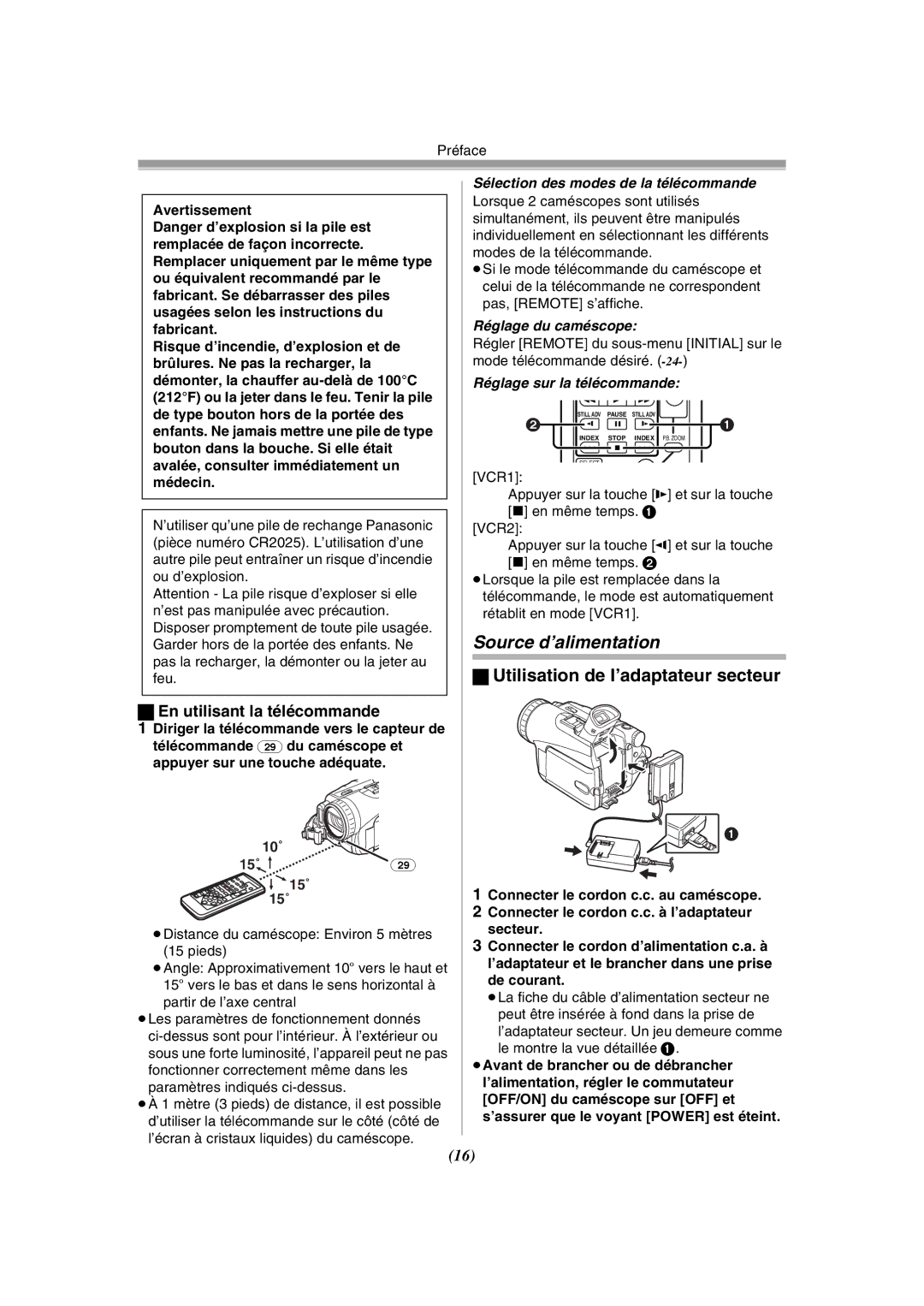 Panasonic PV-GS120 Source d’alimentation, En utilisant la télécommande, Sélection des modes de la télécommande 