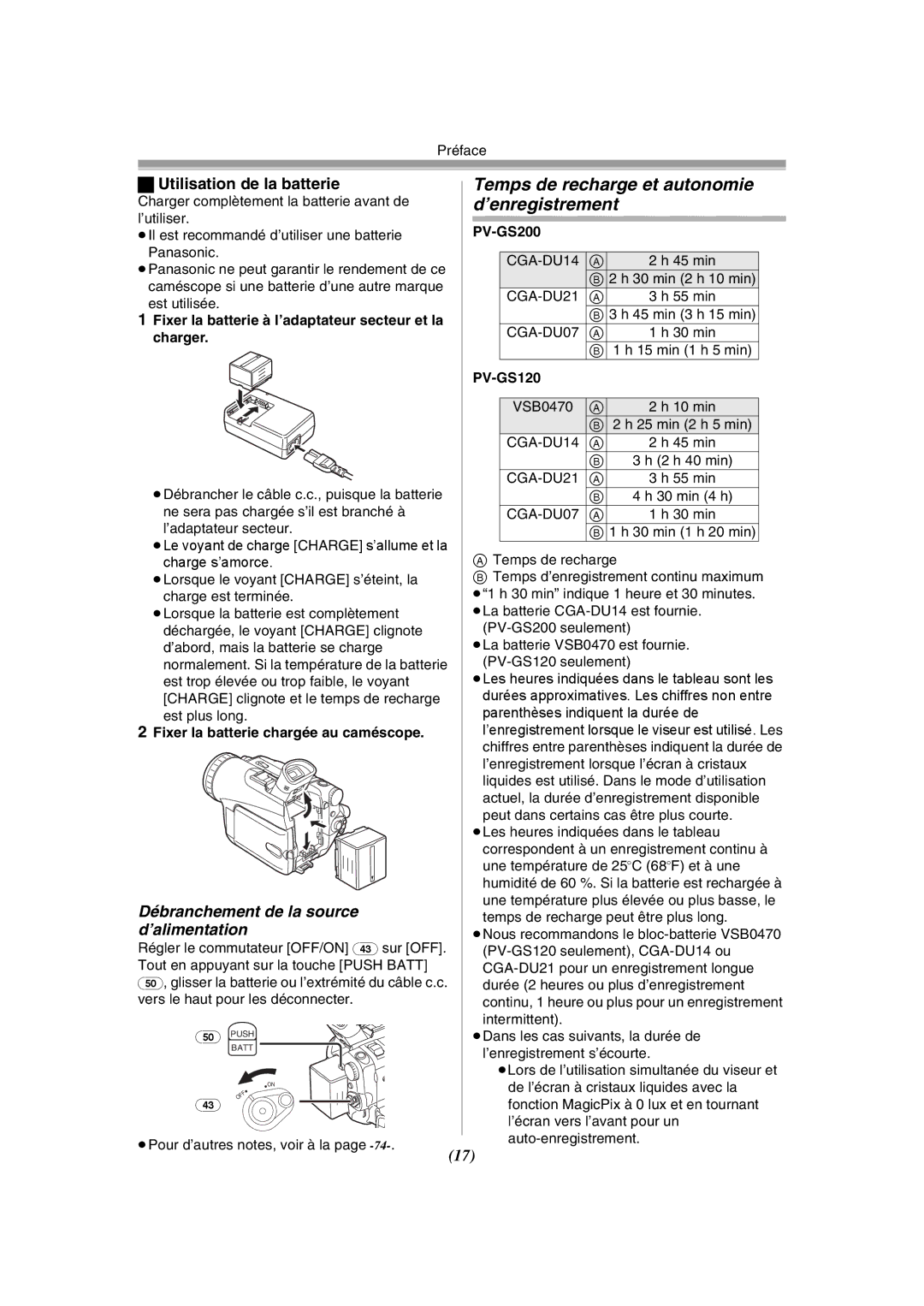 Panasonic PV-GS120 operating instructions Temps de recharge et autonomie d’enregistrement, Utilisation de la batterie 