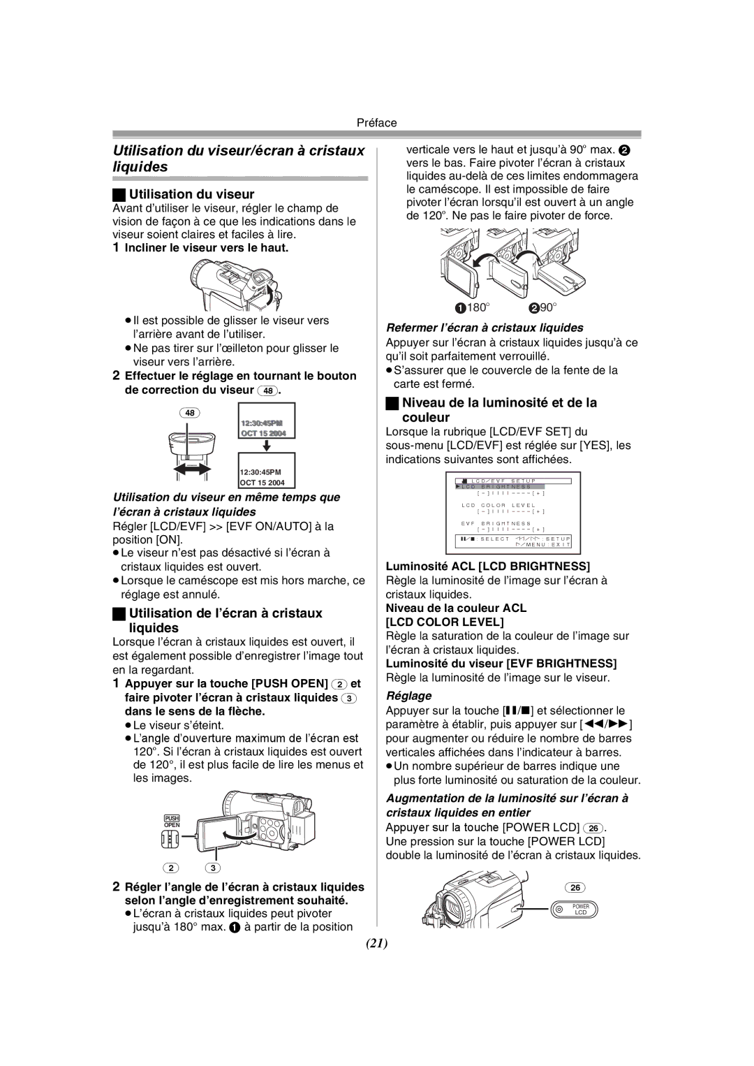 Panasonic PV-GS120 Utilisation du viseur, Utilisation de l’écran à cristaux Liquides, Refermer l’écran à cristaux liquides 