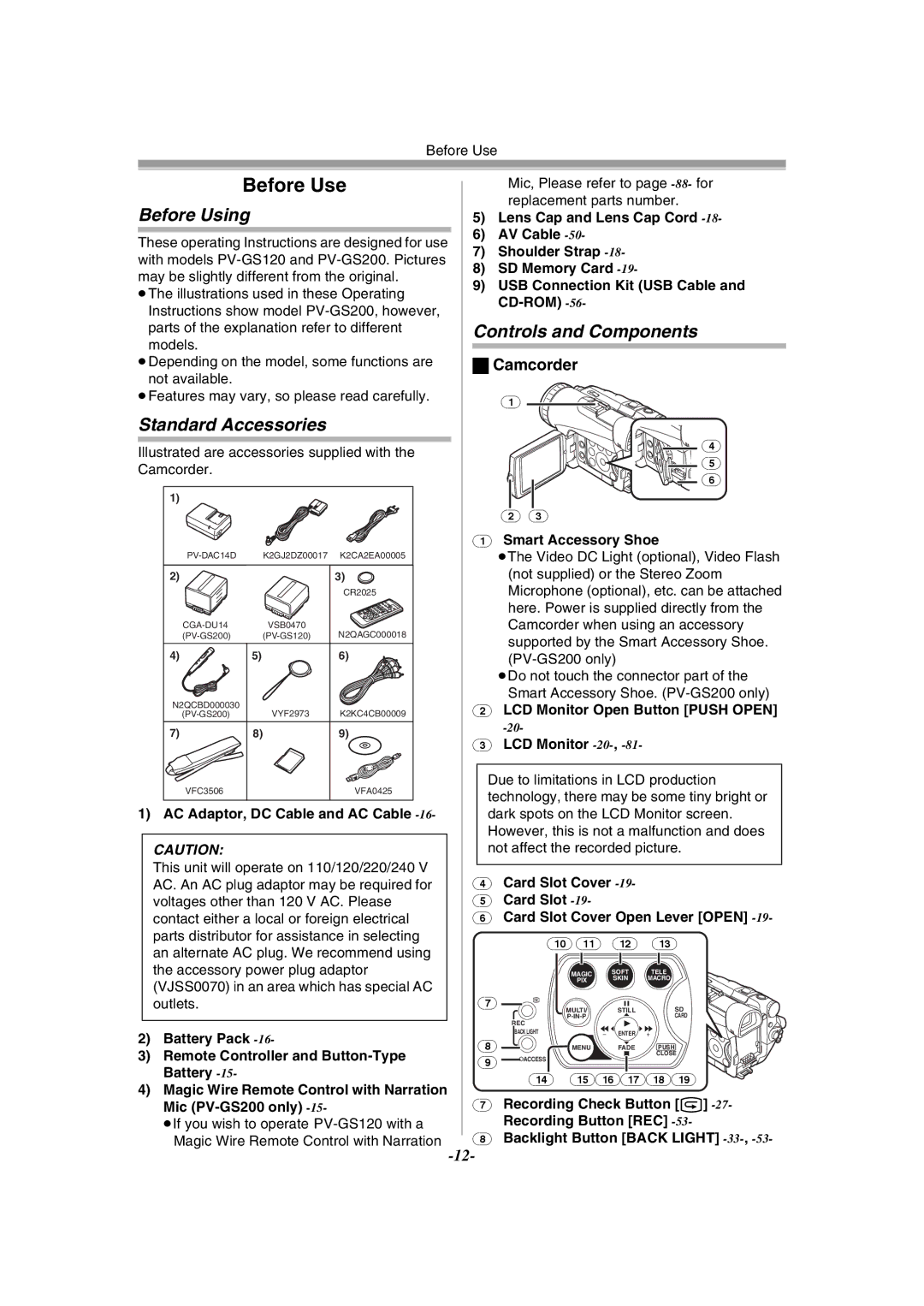 Panasonic PV-GS120 operating instructions Before Using, Standard Accessories, Controls and Components, Camcorder 