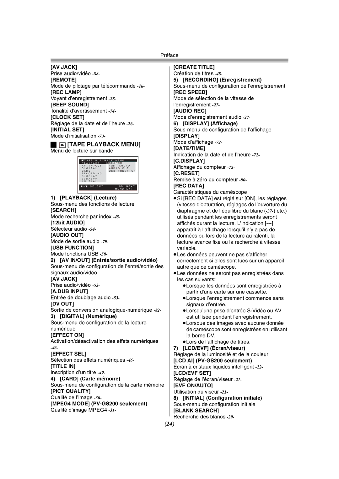 Panasonic PV-GS120 Playback Lecture Sous-menu des fonctions de lecture, Dv Out, MPEG4 Mode PV-GS200 seulement, REC Data 