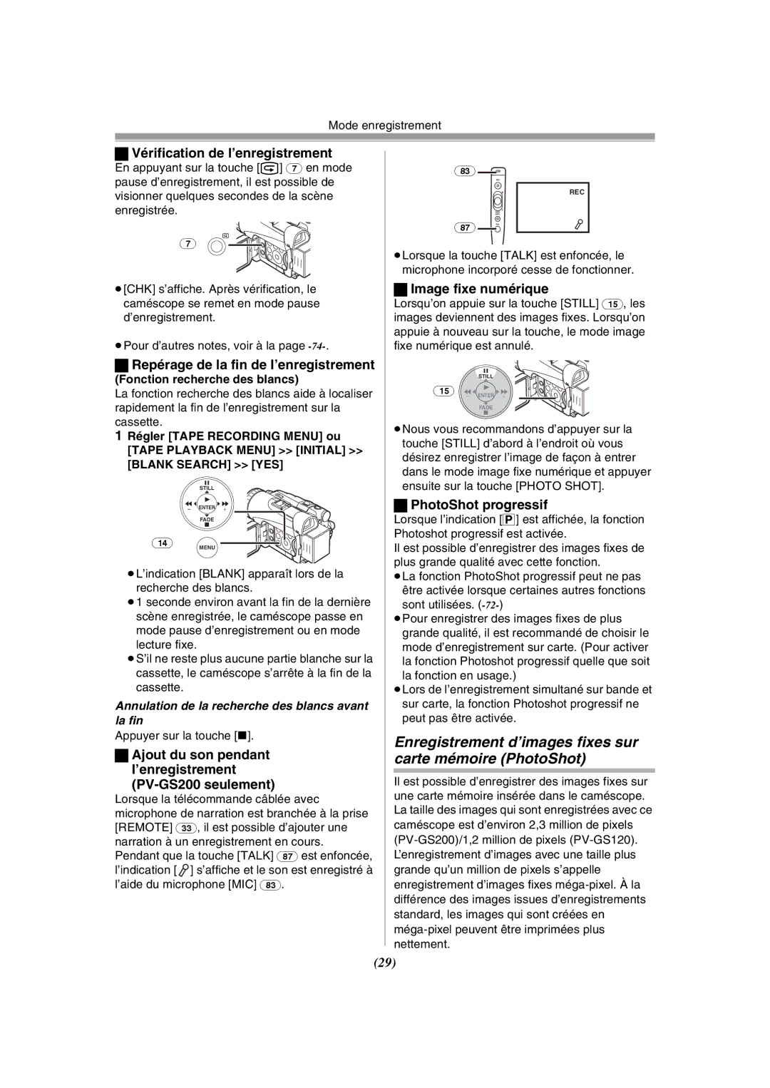 Panasonic PV-GS120 operating instructions Enregistrement d’images fixes sur carte mémoire PhotoShot 