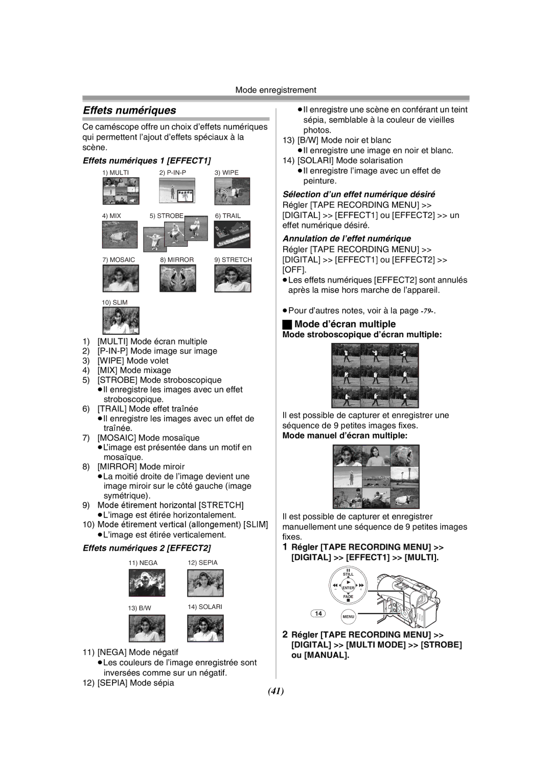 Panasonic PV-GS120 operating instructions Effets numériques, Mode d’écran multiple 