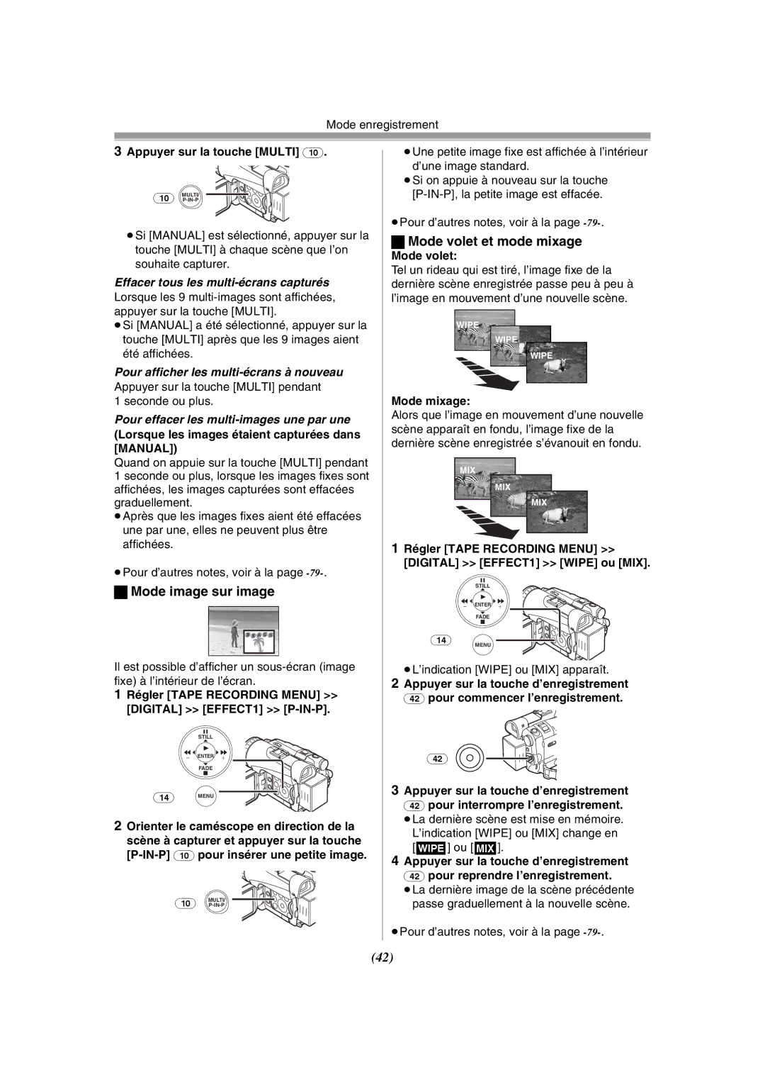 Panasonic PV-GS120 Mode image sur image, Mode volet et mode mixage, Effacer tous les multi-écrans capturés 