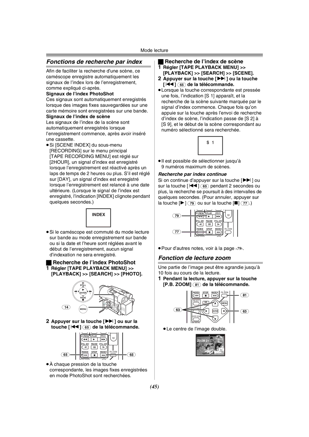 Panasonic PV-GS120 Fonctions de recherche par index, Fonction de lecture zoom, Recherche par index continue 