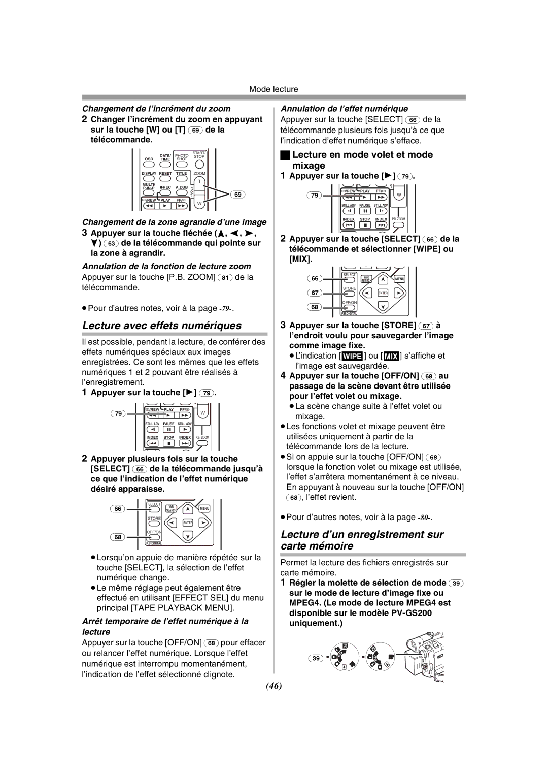 Panasonic PV-GS120 operating instructions Lecture avec effets numériques, Lecture d’un enregistrement sur, Carte mémoire 