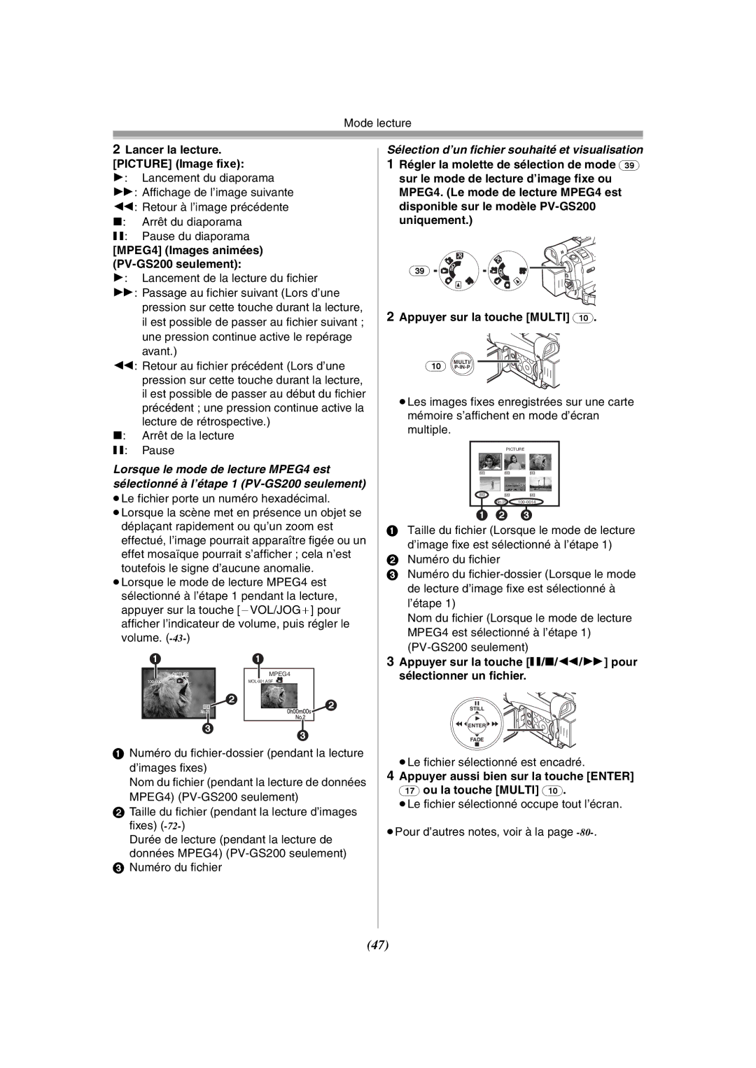 Panasonic PV-GS120 Lancer la lecture. Picture Image fixe, Arrêt de la lecture Pause, ≥Le fichier sélectionné est encadré 