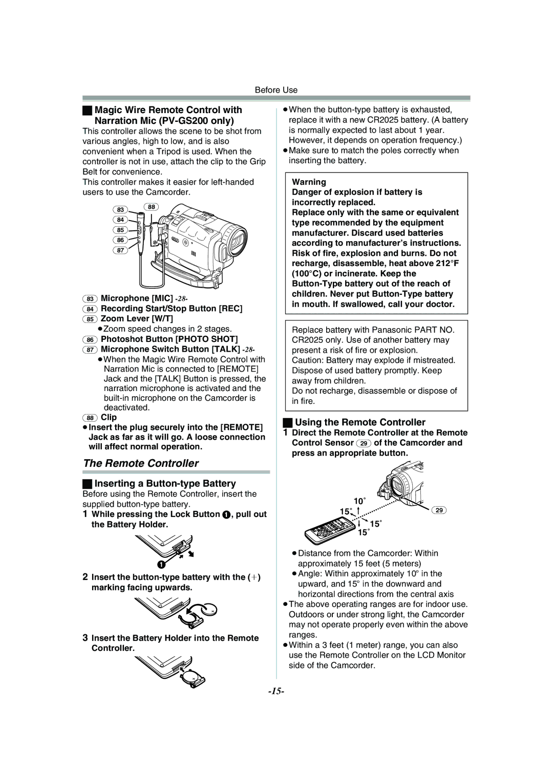 Panasonic PV-GS120 operating instructions Remote Controller, Magic Wire Remote Control with Narration Mic PV-GS200 only 