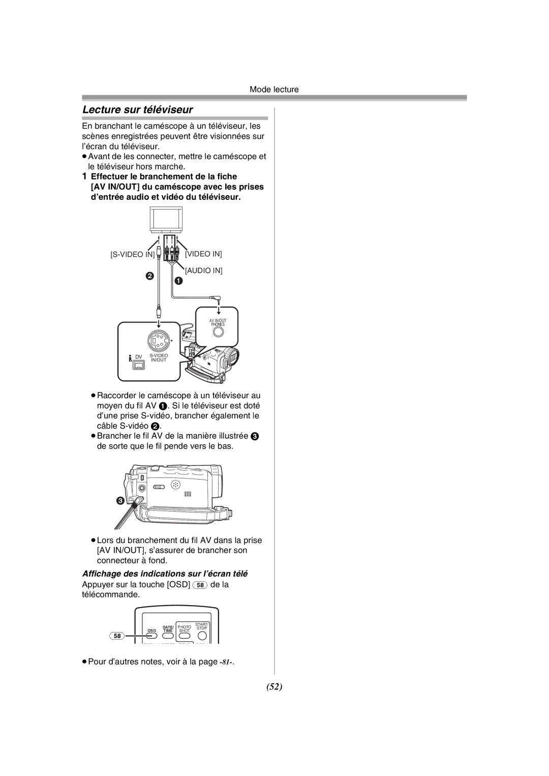 Panasonic PV-GS120 operating instructions Lecture sur téléviseur, Effectuer le branchement de la fiche 