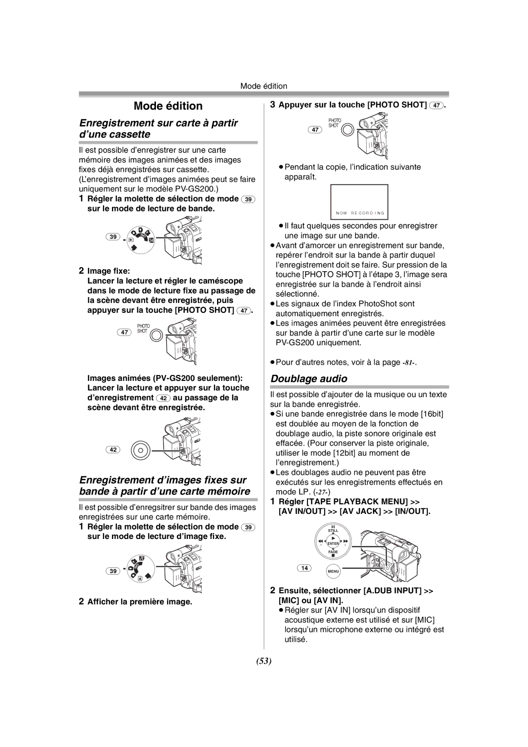 Panasonic PV-GS120 operating instructions Enregistrement sur carte à partir d’une cassette, Doublage audio, Mode édition 