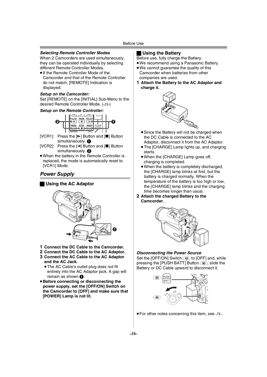 Panasonic PV-GS120 operating instructions Power Supply, Using the AC Adaptor, Using the Battery 