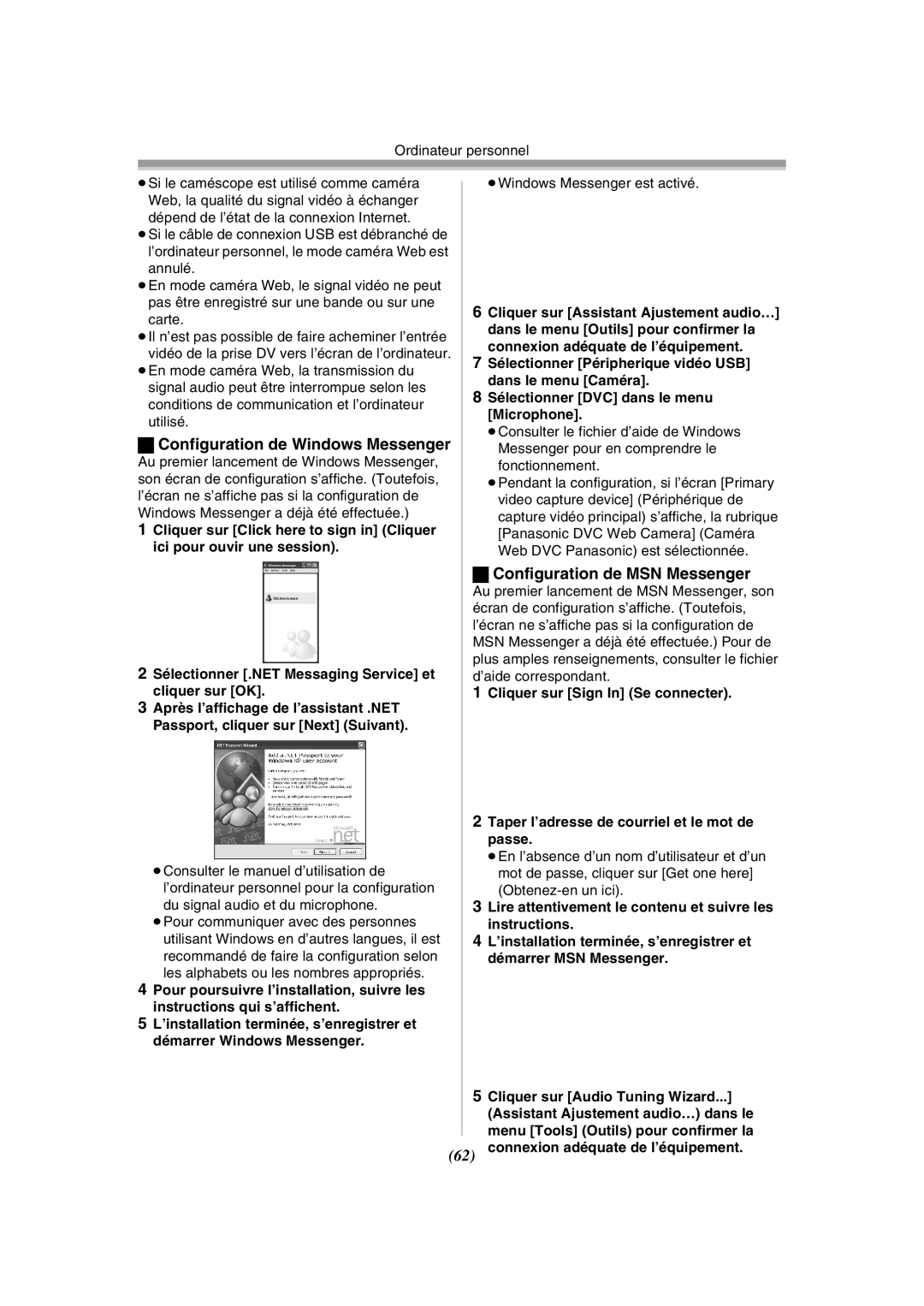 Panasonic PV-GS120 operating instructions Configuration de Windows Messenger, Configuration de MSN Messenger 