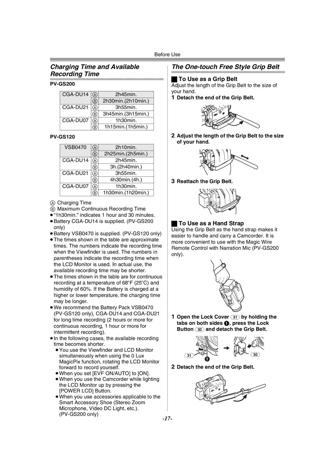 Panasonic PV-GS120 Charging Time and Available Recording Time, One-touch Free Style Grip Belt, To Use as a Grip Belt 