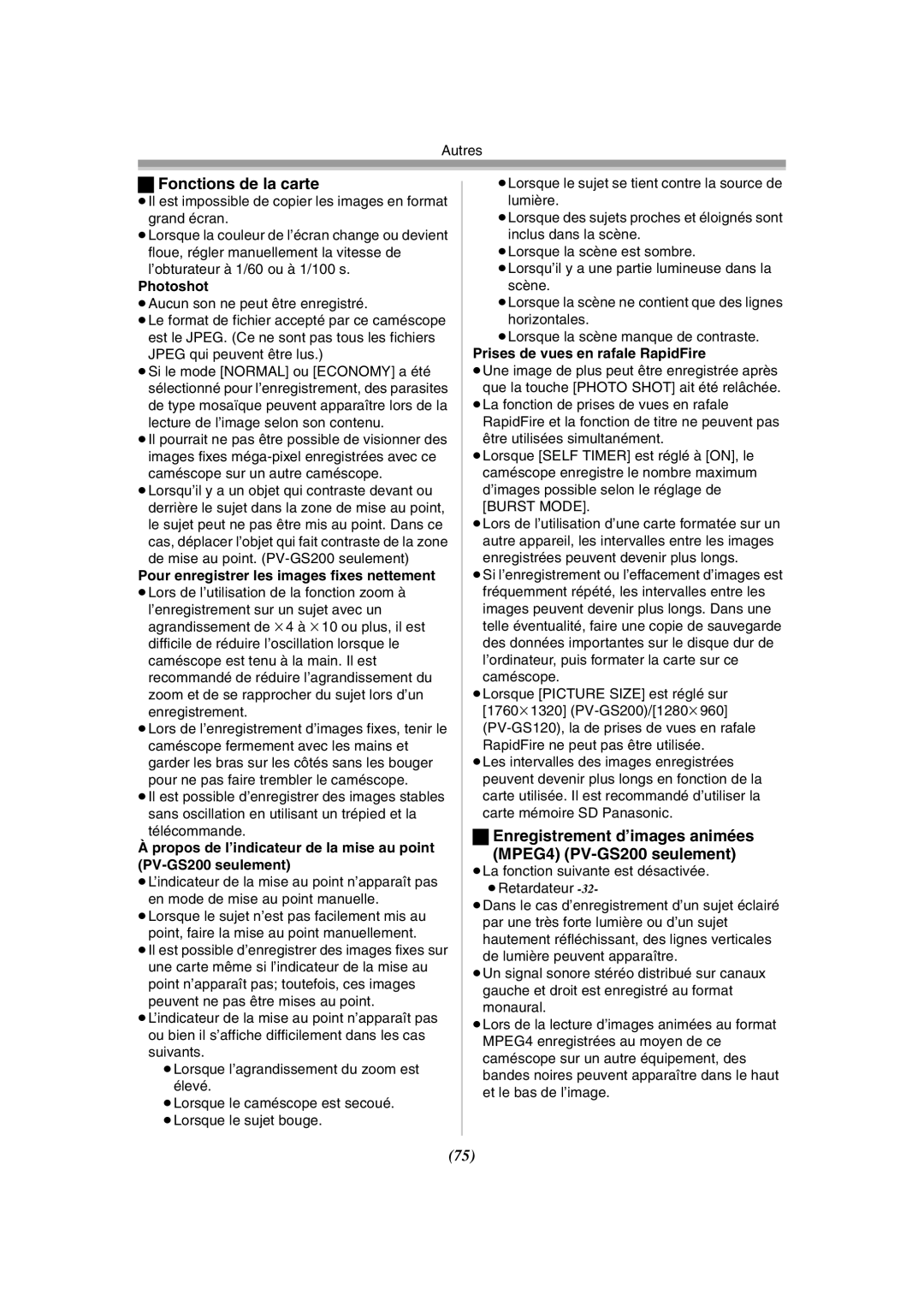 Panasonic PV-GS120 operating instructions Fonctions de la carte, Enregistrement d’images animées MPEG4 PV-GS200 seulement 